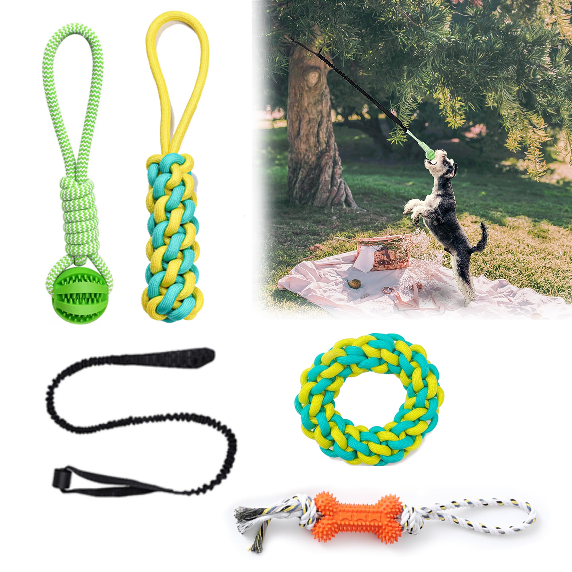 Durable Bungee Tug Toy for Dogs with 4 Chew Toys - Interactive Tug of War Rope Toy for Small to Large Breeds | Hanging Tree Toy for Outdoor Play & Indoor Exercise | Promotes Dental Health with Chew Ball & Bone - Perfect for Backyard Fun, Dog Parks & Training Sessions