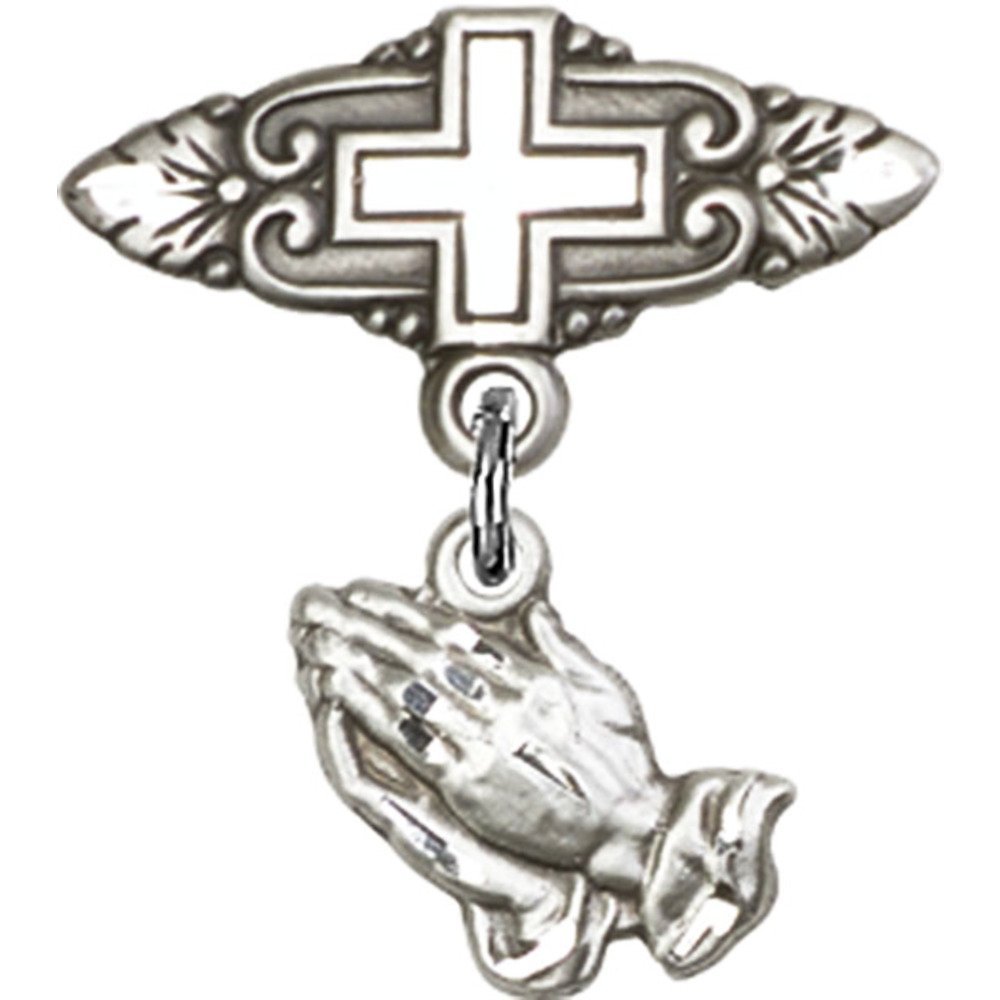 7/8 X 3/4 Inch Sterling Silver Baby Badge with Praying Hands Charm & Cross Pin - Perfect for Christening Gifts, Baptism Jewelry & Religious Keepsakes