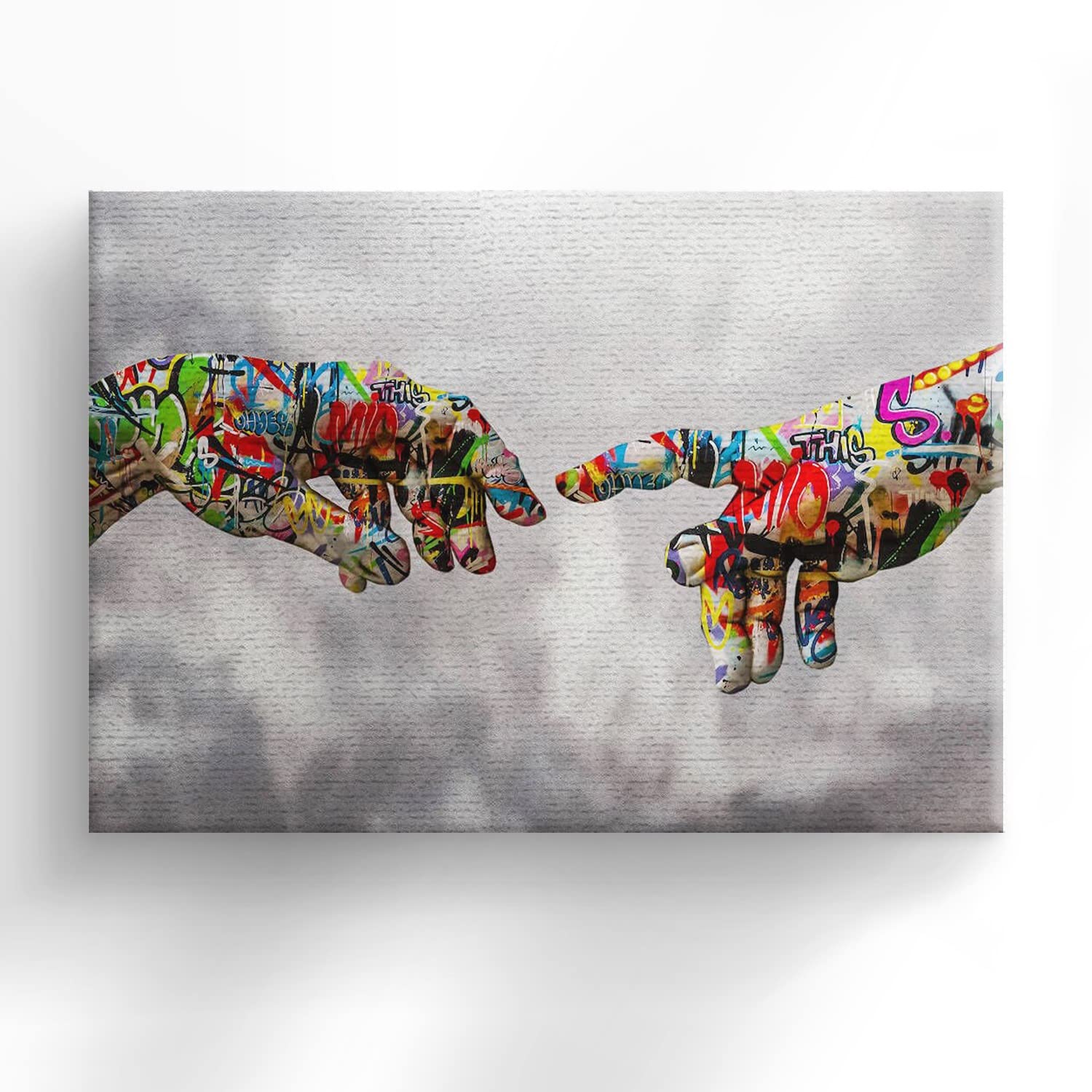 Pop Art Graffiti Canvas Print - Colorful Street Art Wall Decor with Adam Hand of God Design, Abstract Gray Wall Poster for Home & Office (40x28 Inches) - Perfect for Living Room, Bedroom or Creative Workspace Decor
