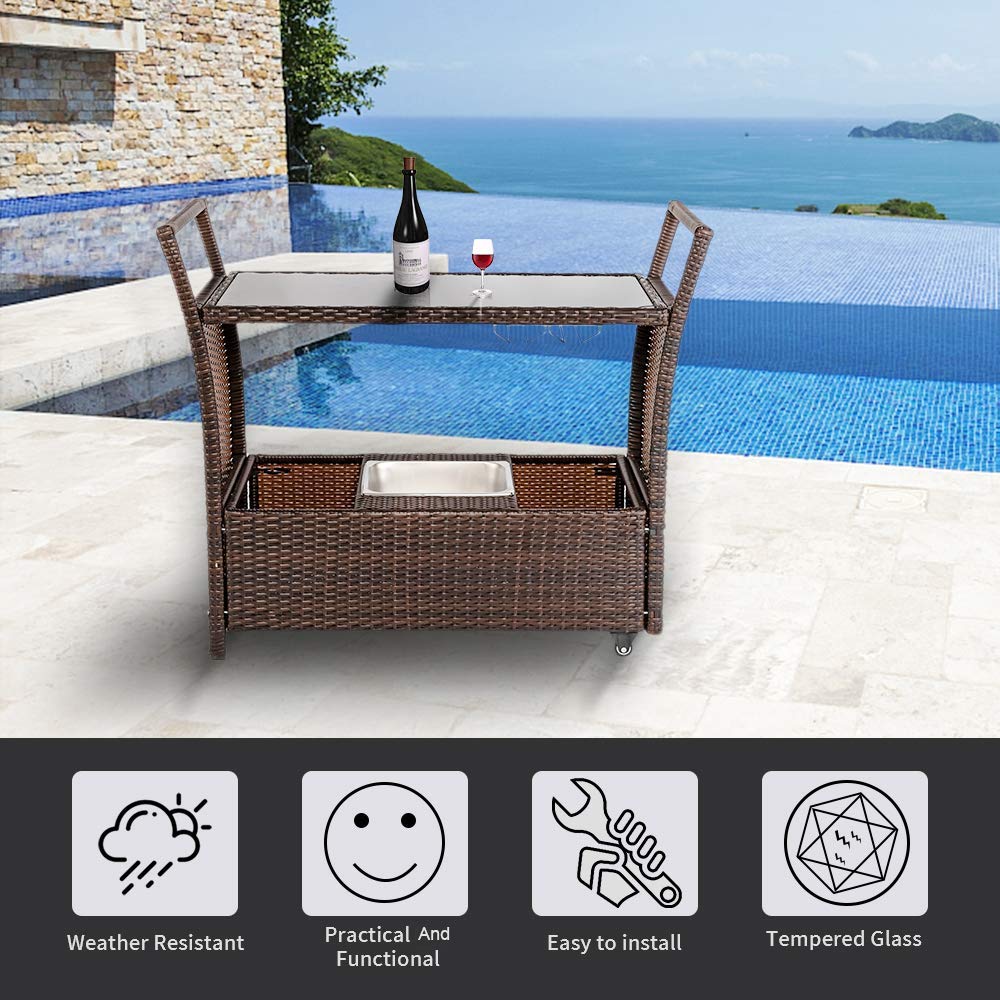 Bonnlo Wicker Outdoor Bar Cart with Wheels & Ice Bucket - Rattan Serving Cart with Glass Top & Wine Glass Holder - Perfect for Pool Parties, Backyard BBQs, Porch Entertaining & Outdoor Gatherings