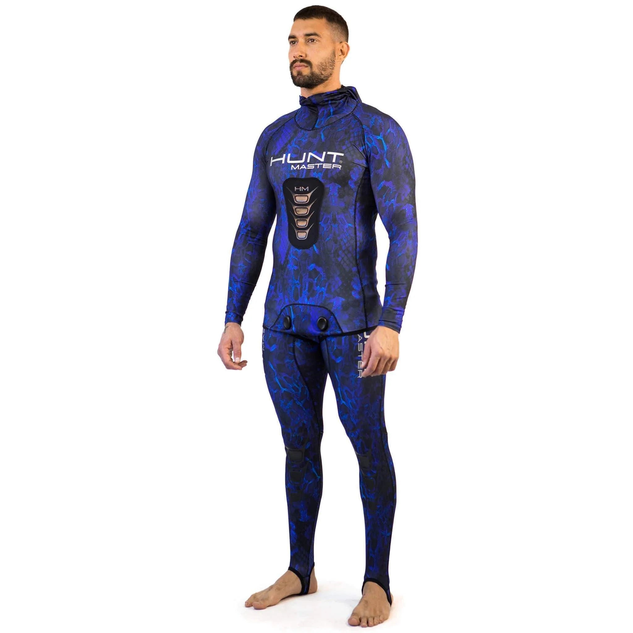 Hunt Master Camo Unisex Hooded Spearfishing Rashguard Top & Long John Pants Set with Chest Pad - UV Protection & Quick Dry for Scuba Diving, Freediving, and Water Sports