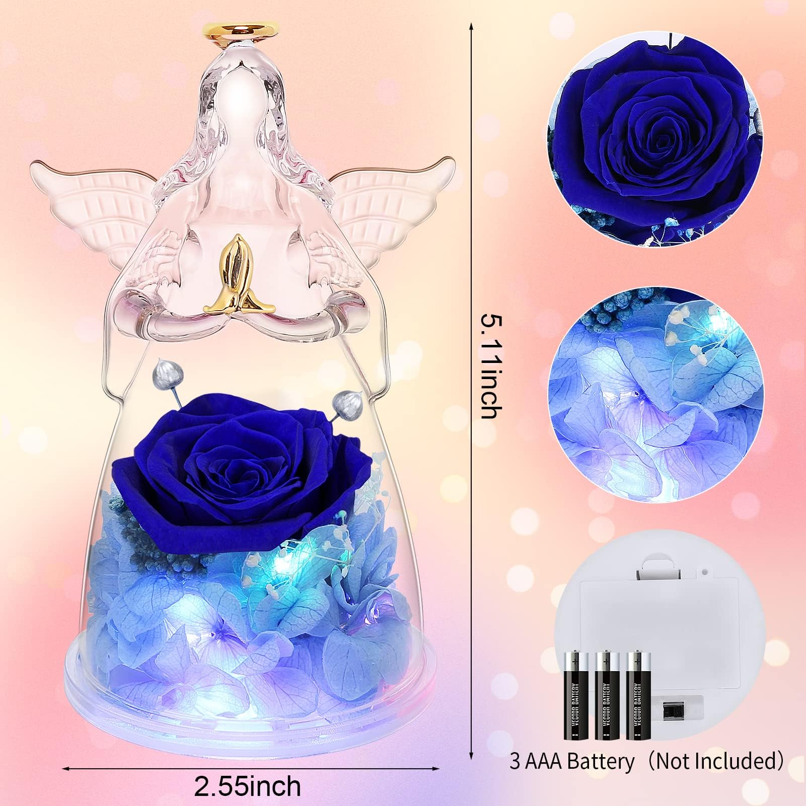 Childom Preserved Blue Rose in Glass Angel - Unique Valentine's Day, Birthday & Anniversary Gifts for Women, Wife & Mom | Romantic Home Decor & Special Occasion Present