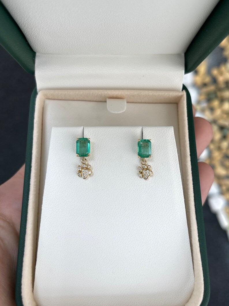 14K Gold Emerald & Diamond Dog Paw Print Stud Earrings - 2.36tcw, Perfect for Pet Lovers & Everyday Wear