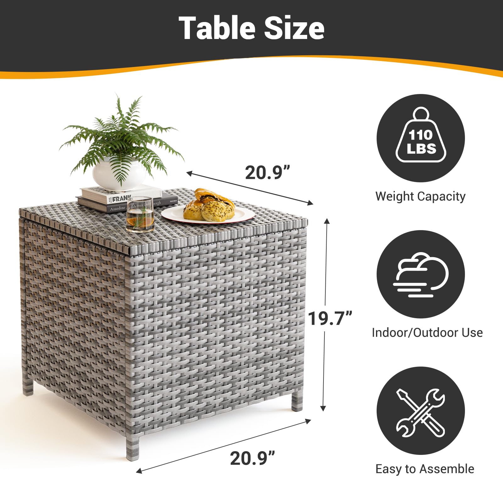 UDPATIO 2-Piece Outdoor Wicker Side Table Set with Storage - Rattan End Tables & Resin Square Container Coffee Tables for Patio, Backyard, Pool - Perfect for Furniture Covers, Toys, Gardening Tools (Grey) - Ideal for Outdoor Entertaining, Relaxation & Storage Solutions