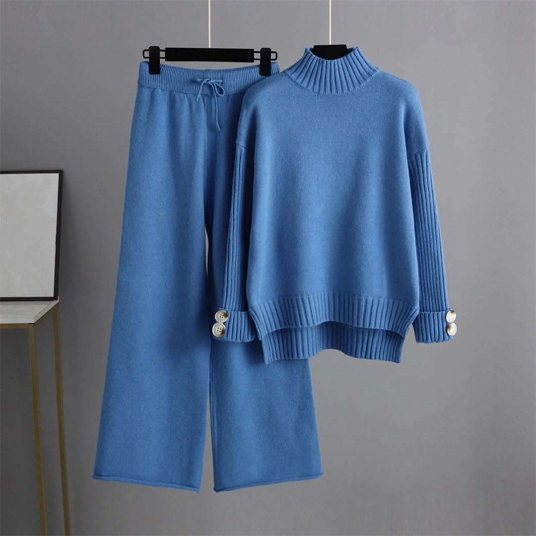 Women's Knitted Turtleneck Sweater & Wide Leg Pants Set - Solid Color Loose Fit Warm Tracksuit Outfit for Casual Wear, Office & Winter Fashion