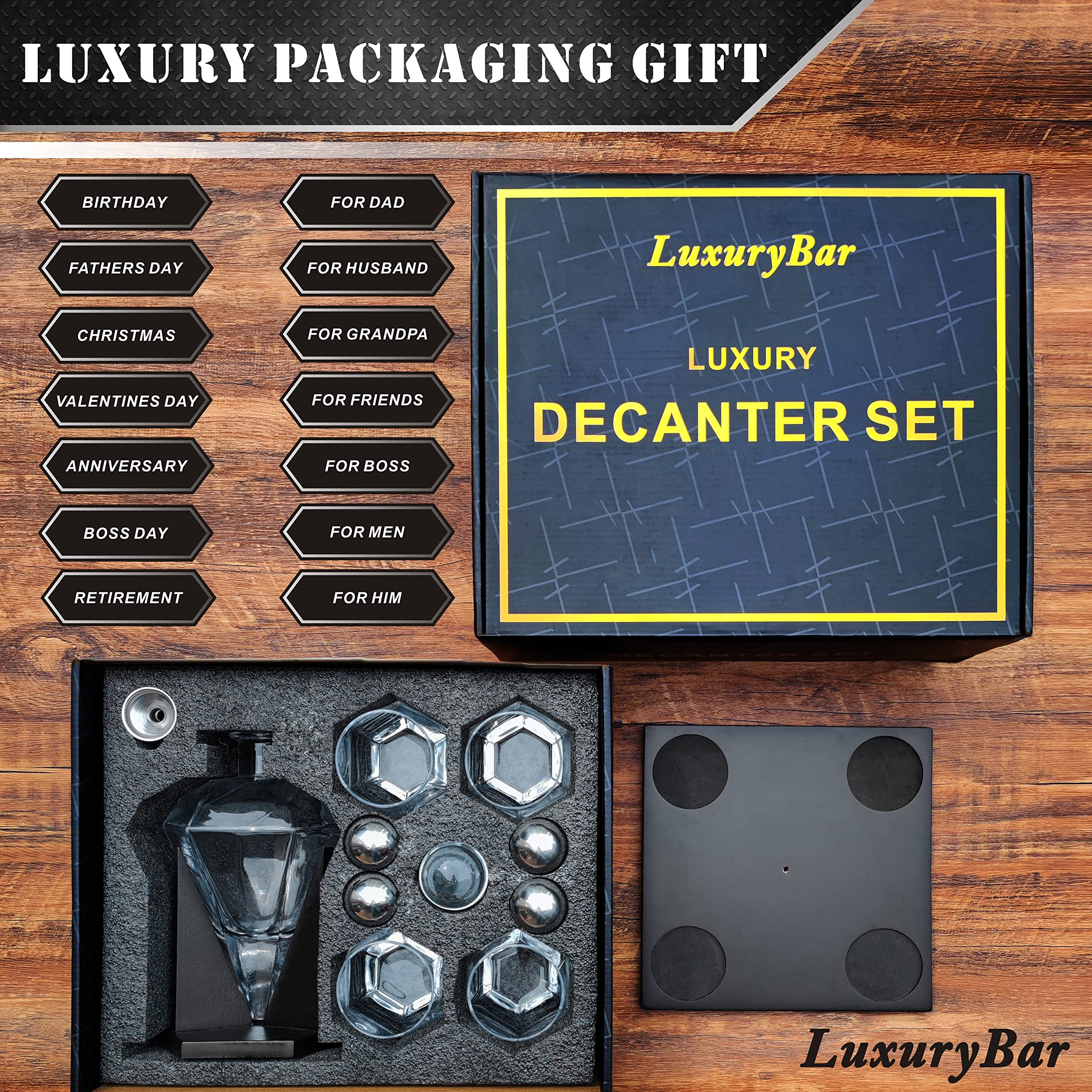 Premium Diamond-Cut Whiskey Decanter Set with ChillBall & Tray - Elegant Bourbon Liquor Dispenser - Perfect Gift for Men - Ideal for Home Bars, Dinner Parties & Whiskey Tasting Events