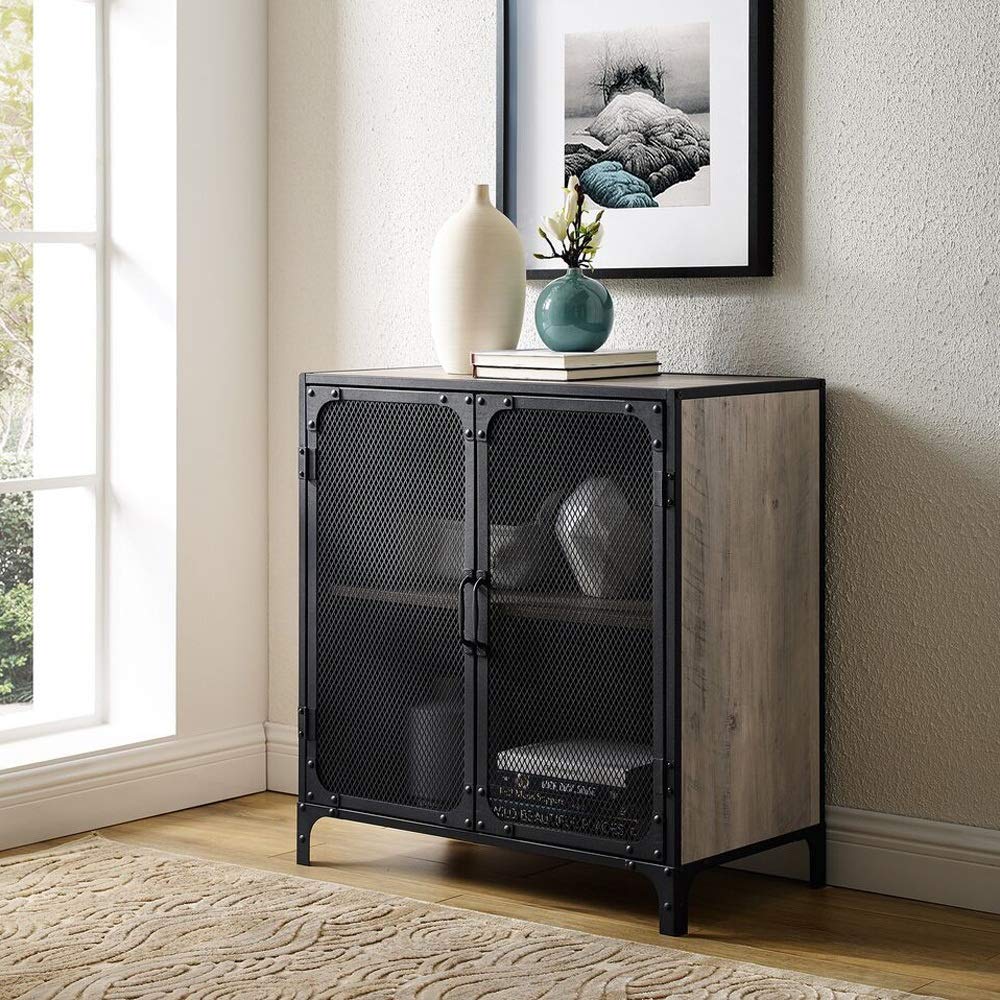 Walker Edison Malcomb Industrial Metal Mesh 2-Door Storage Cabinet - Rustic Grey Wash Console for Kitchen, Living Room & Home Decor - 30 Inch - Perfect for Organizing Dishes, Linens & Displaying Decor Items