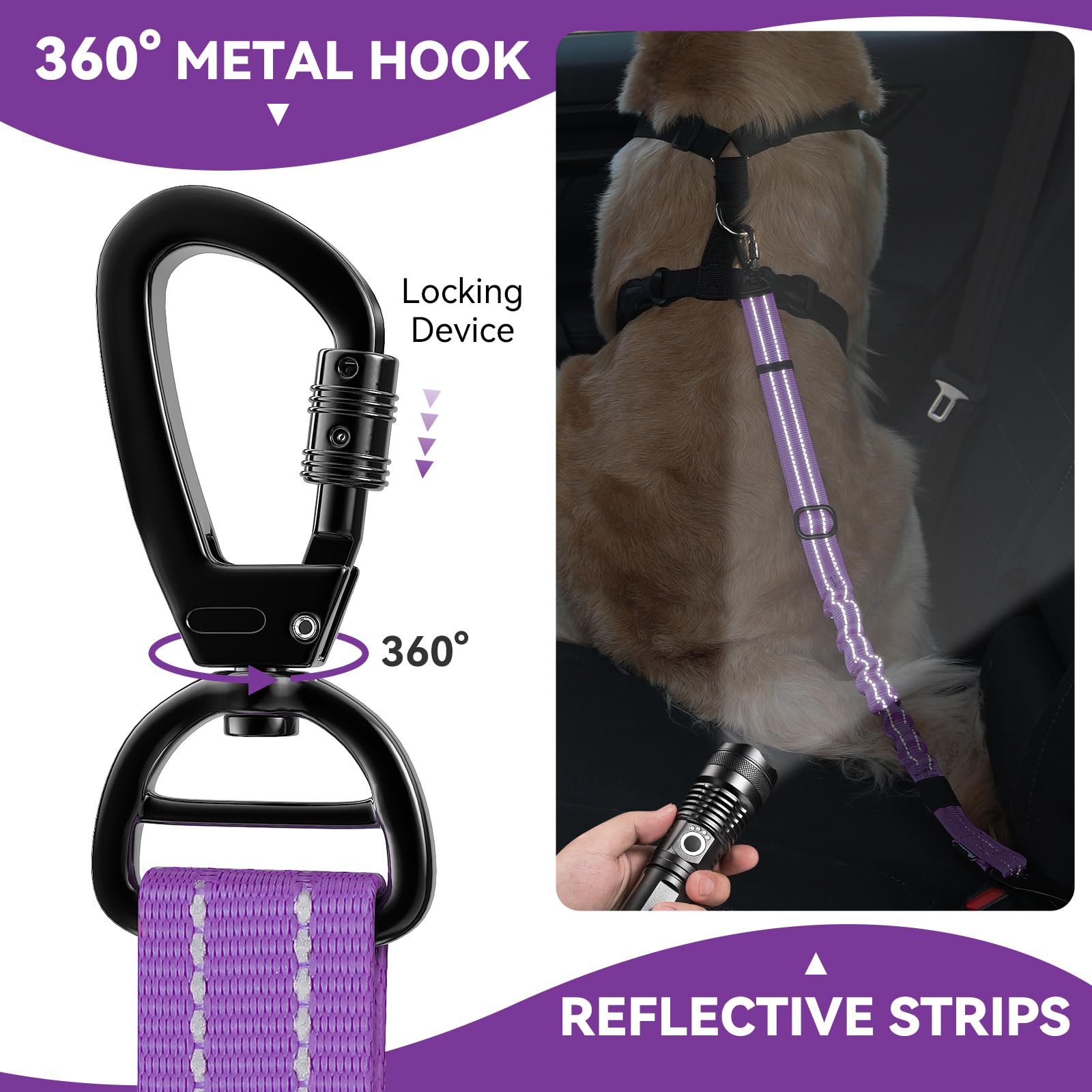 Pawaboo 2-Pack Adjustable Reflective Dog Car Seat Belt with Shockproof Bungee, 360° Lockable Buckle & Hook Latch - Purple | Safe Pet Travel Harness for Cars, SUVs & Road Trips | Perfect for Small to Medium Dogs