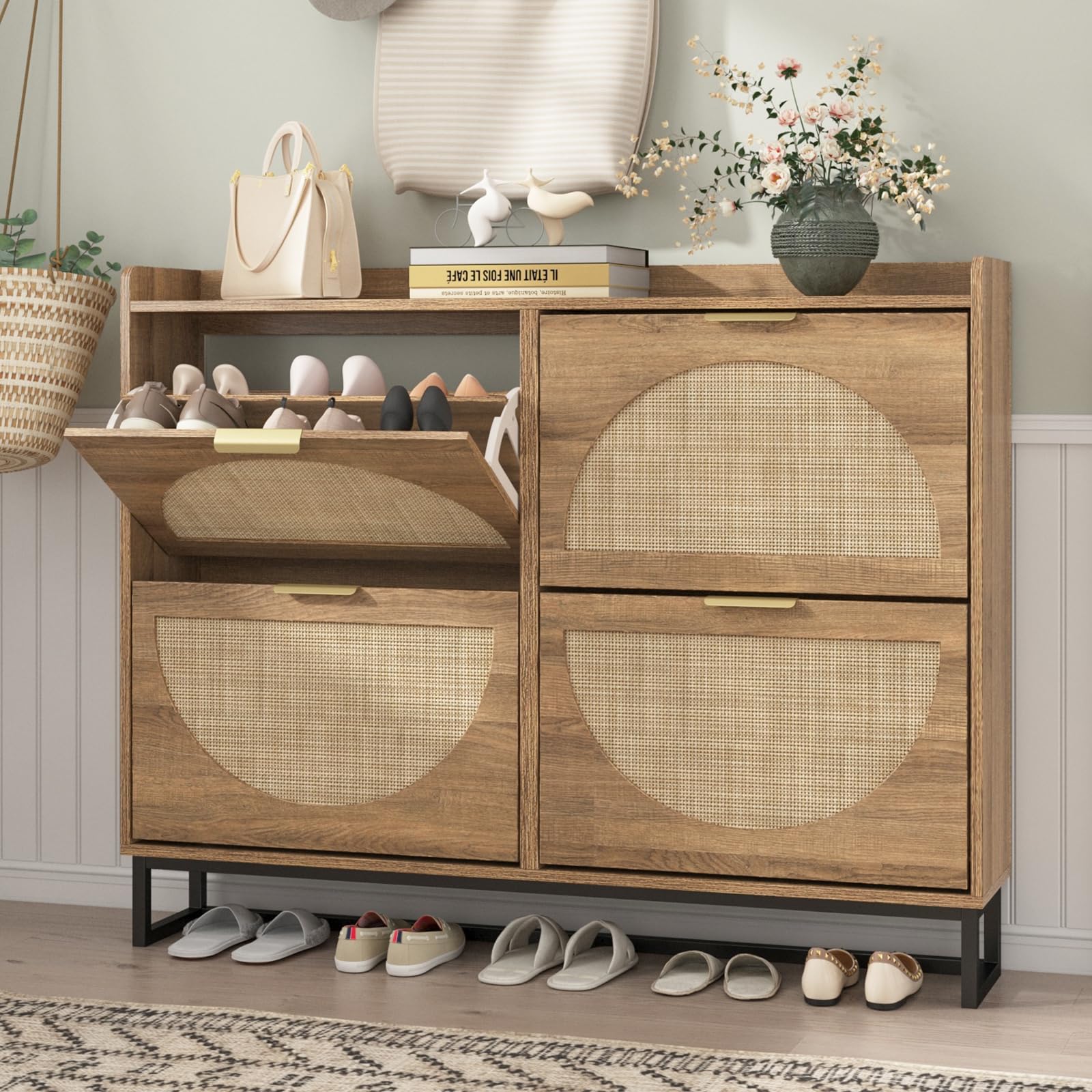 Maupvit 4-Drawer Rattan Shoe Cabinet - Freestanding Shoe Organizer with Metal Legs for Entryway Storage