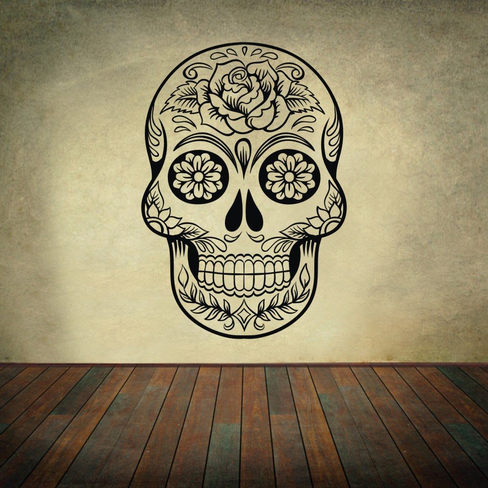 Mexican Sugar Skull Vinyl Wall Decal - Gothic Home Decor for Men's Room, Bedroom & Office - Removable Black Skull Wall Art Sticker for Day of the Dead Theme Parties
