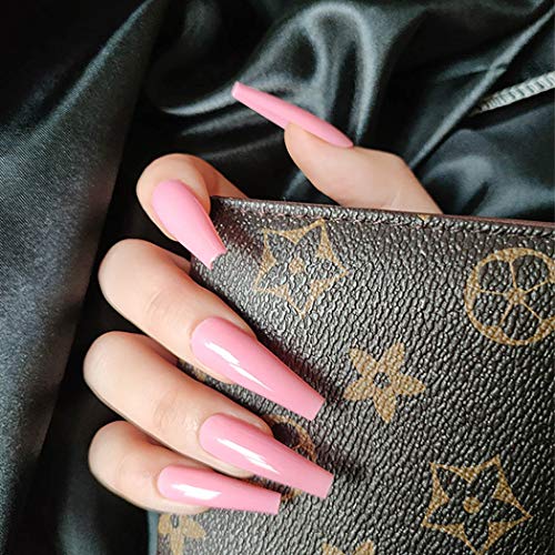Abien Glossy Press on Nails - 24Pcs Long Coffin Ballerina Fake Nails for Women & Girls | Pink Artificial False Nails | Perfect for Parties, Weddings & Special Occasions