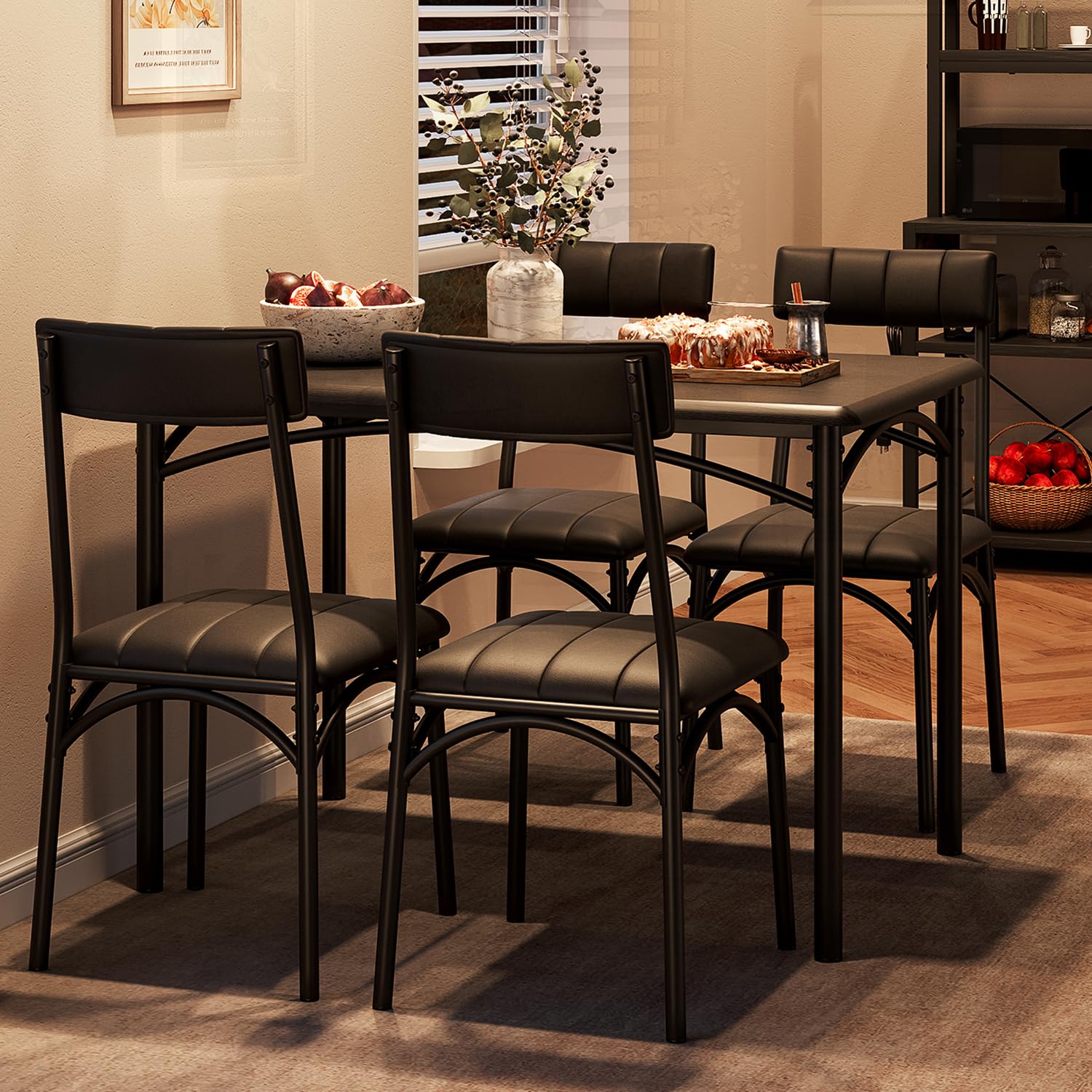 4-Piece Rectangular Dining Table Set with Upholstered Chairs - Rustic Black Kitchen Table for Small Spaces | Perfect for Breakfast Nook, Apartment Dining & Cozy Family Meals