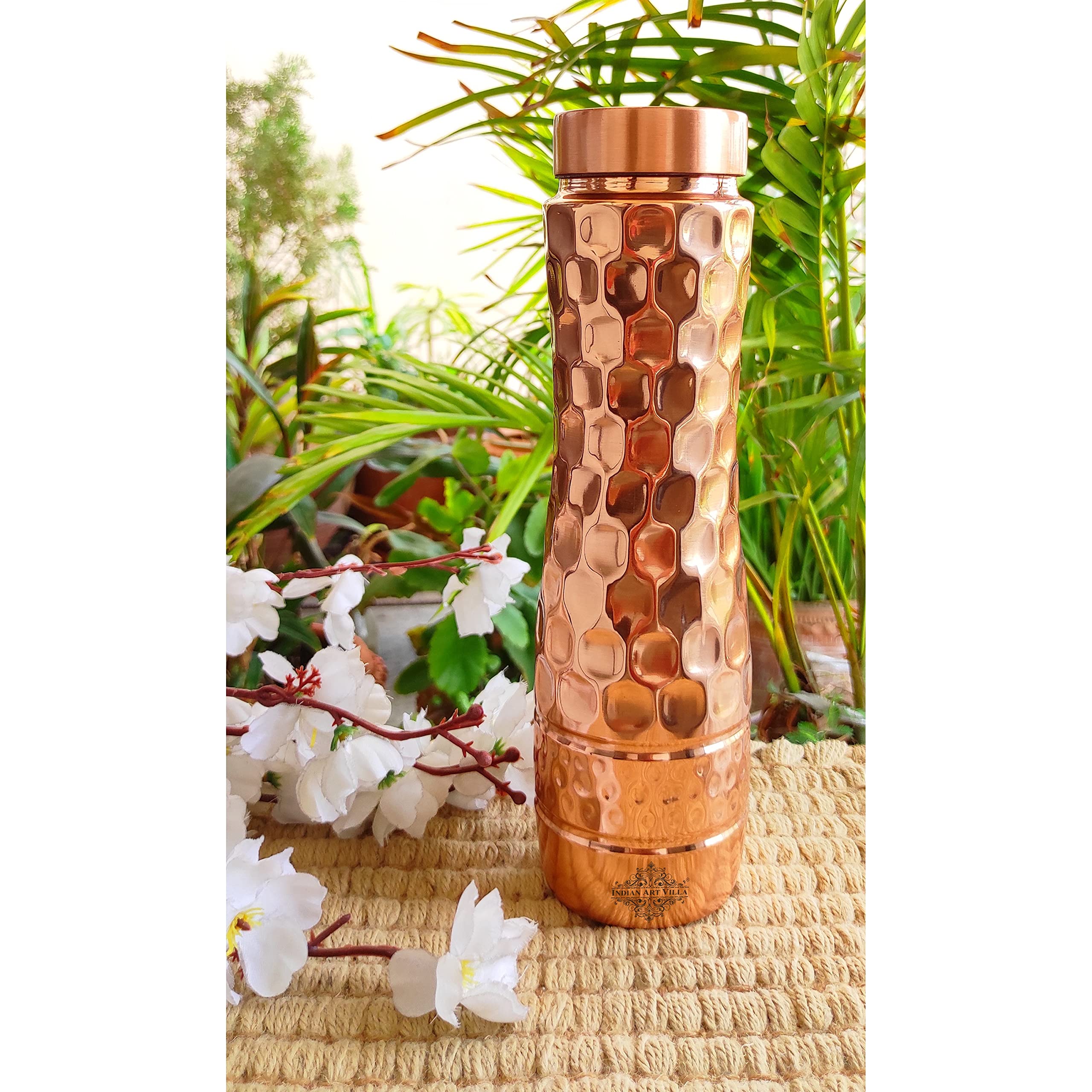 Premium 34oz Hammered Copper Water Bottle with Honeycomb Design & Shine Finish – Ayurvedic Copper Drinkware for Home, Office, Yoga & Wellness – BPA-Free Reusable Bottle for Detox, Hydration & Gifts