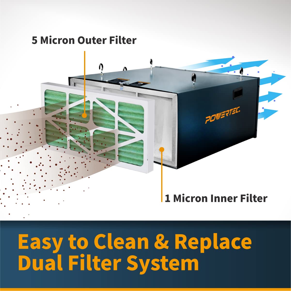 POWERTEC AF1045V 3-Speed Remote Controlled Air Filtration System - 655/875/1060 CFM Hanging Dust Collector for Woodworking, Workshops & Garages | Air Purifier for Dust Removal & Clean Air in DIY Projects & Home Improvement