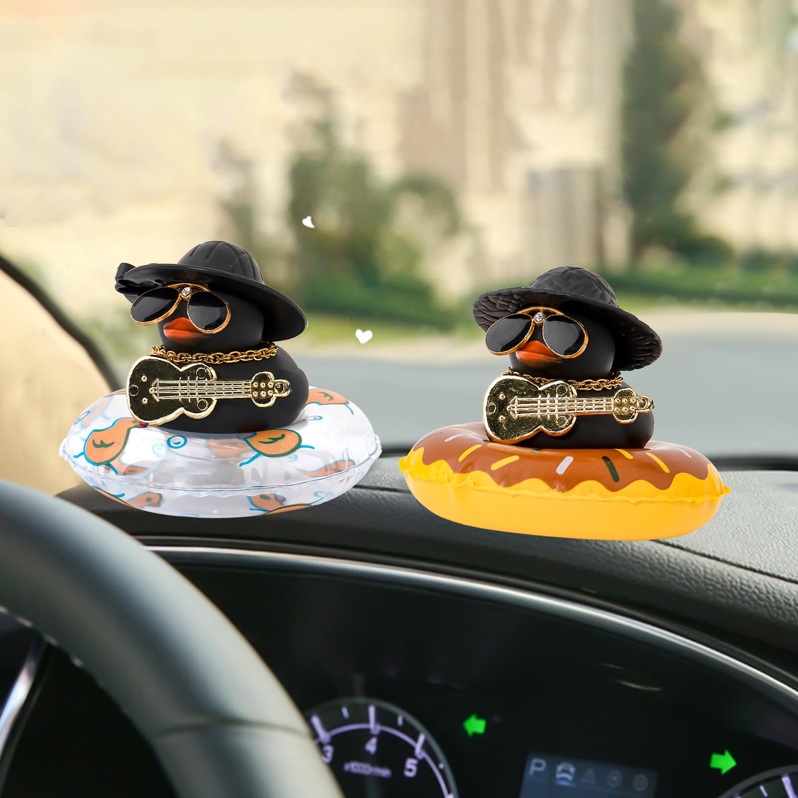 Wonuu Rubber Duck Car Dashboard Decoration - Mini Hat, Necklace, Sunglasses & Musical Instrument Accessories - Black with Sun Hat & Donut - Fun Car Ornament for Dashboard, Office Desk, Gift for Duck Lovers