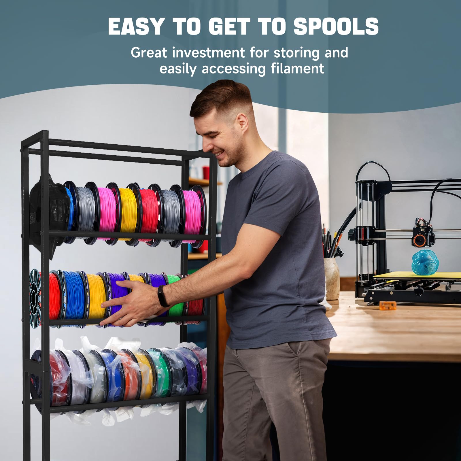 Heavy Duty 6-Tier Metal 3D Printer Filament Storage Rack with Wheels - PLA/ABS/TPU/Nylon Filament Spool Holder Organizer for Home & Office Use (Black)