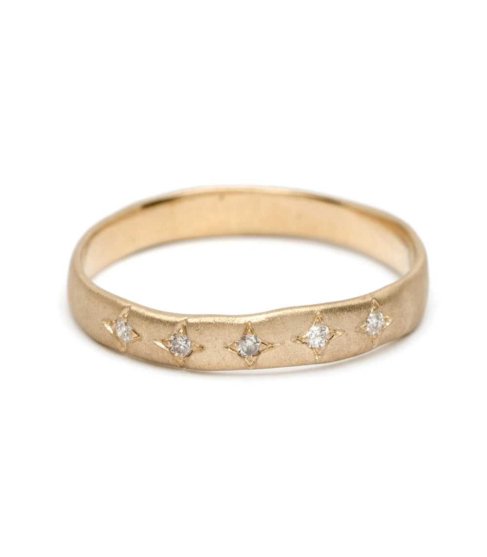 3mm 5 Diamond Star Design Stackable Wedding Band Ring - Elegant Torn Paper Edge for Bridal Stacking, Anniversary & Engagement Jewelry Gifts