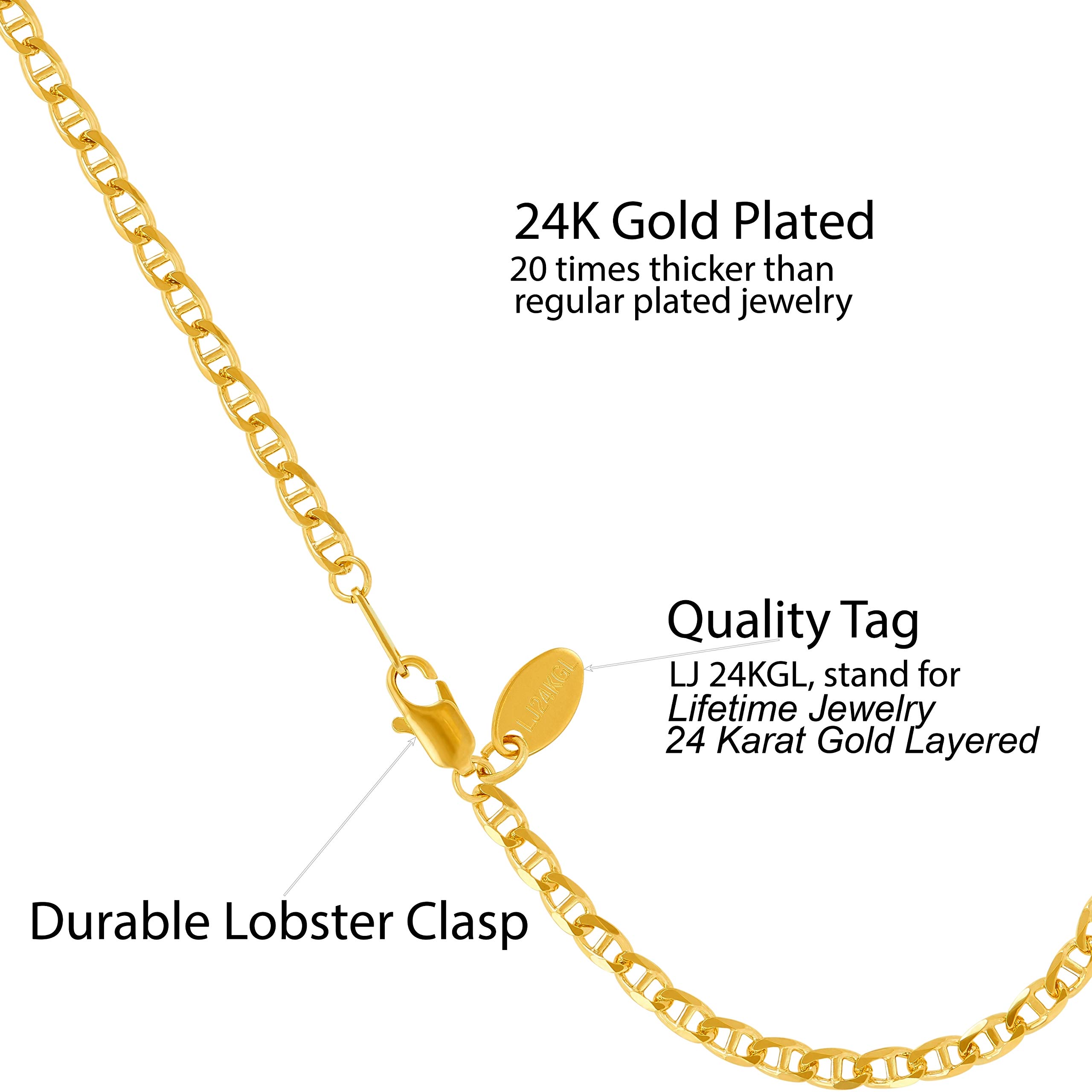 LIFETIME JEWELRY Women's 24k Gold Plated 3mm Mariner Link Chain Ankle Bracelet - Elegant Anklet for Everyday Wear, Beach Vacation & Special Occasions