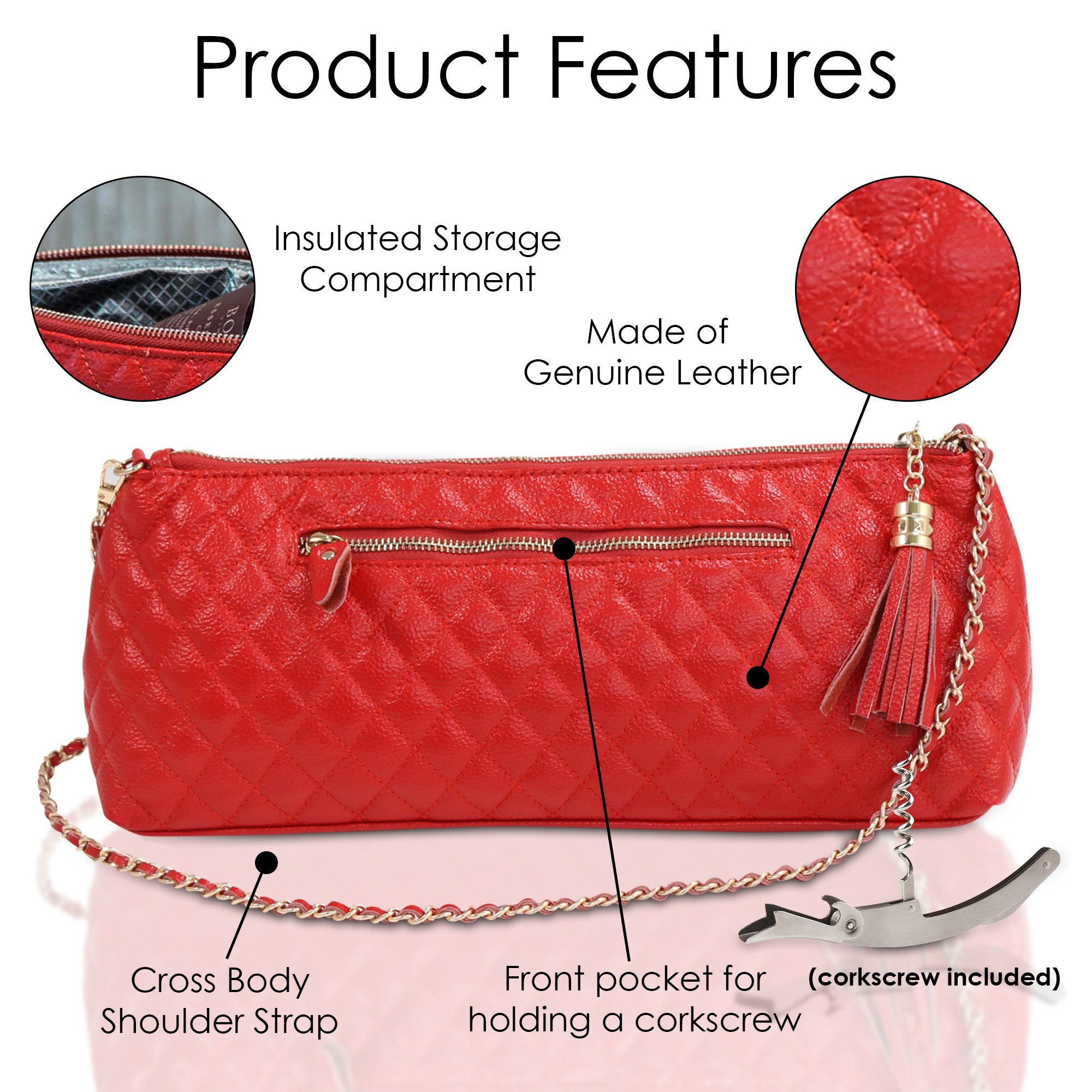 Premium Genuine Leather Insulated Wine Tote Bag - Crossbody Travel Carrier with Shoulder Strap & Built-in Corkscrew | Perfect for Picnics, Parties & Gifting (Red)