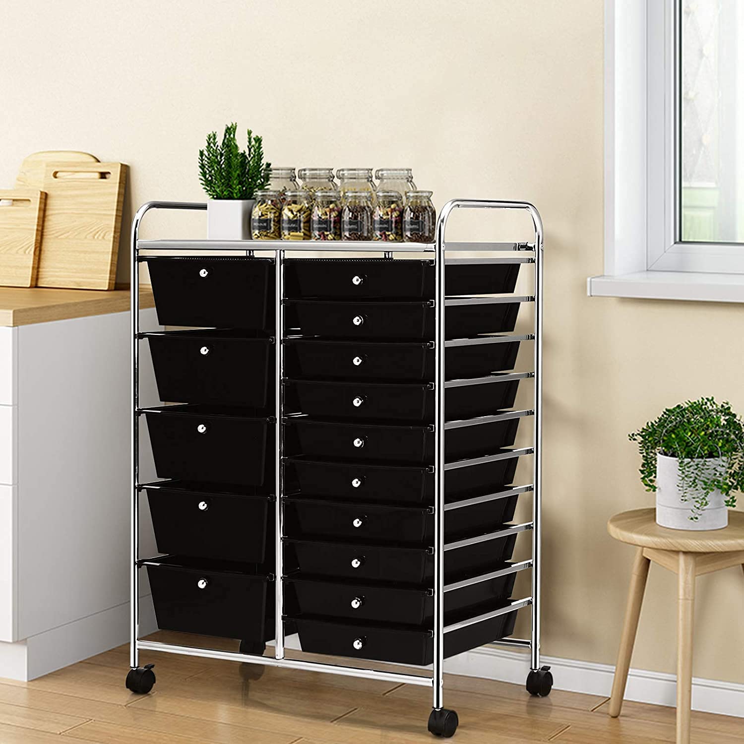 15-Drawer Rolling Storage Cart with Wheels - Mobile Utility Organizer for Tools, Office Supplies, Scrapbooking & School Essentials - Perfect for Home Office, Classroom & Craft Room Organization (Black)