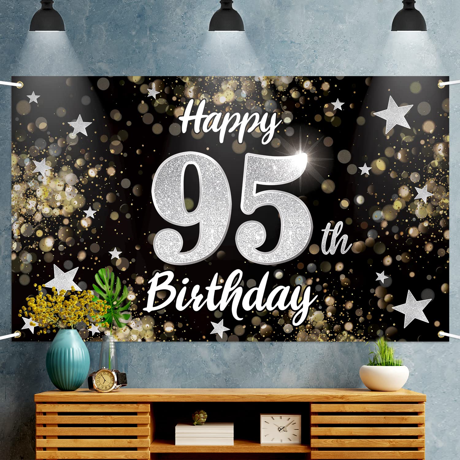 95th Birthday Decorations - Black & Silver Dream Star Large Backdrop Banner for 95 Years Old Celebration | Perfect for Milestone Birthday Parties, Anniversaries & Special Events