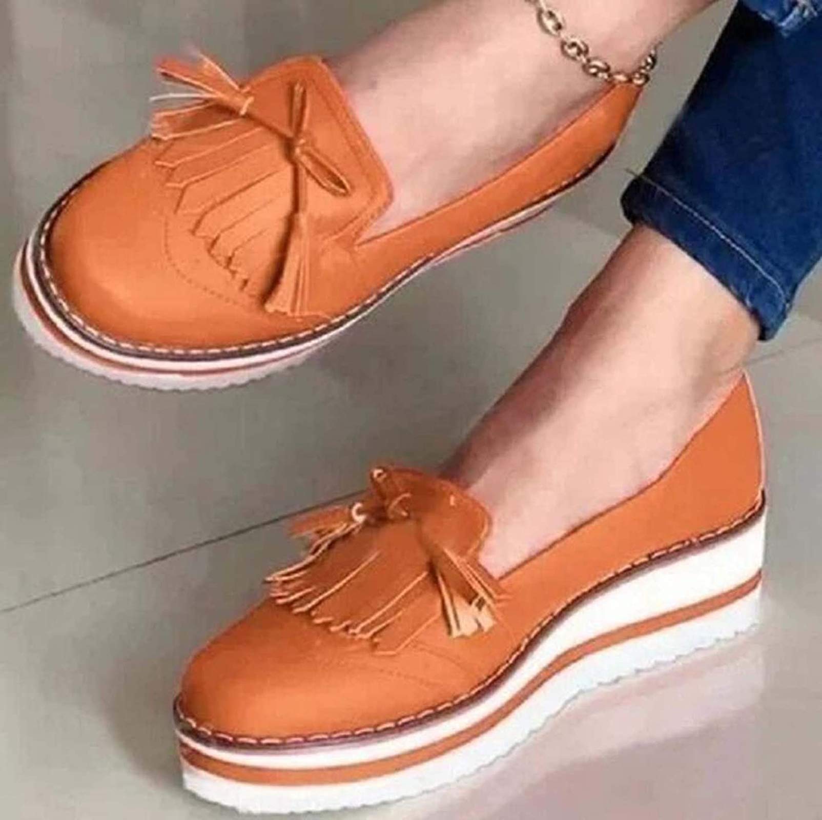 Women's Leather Wedge Platform Sandals with Tassel Detail - Closed Toe Retro Round Toe Comfortable Fashion Shoes for Women (Red, Size 41) - Perfect for Summer Outfits, Beach Vacations & Casual Wear