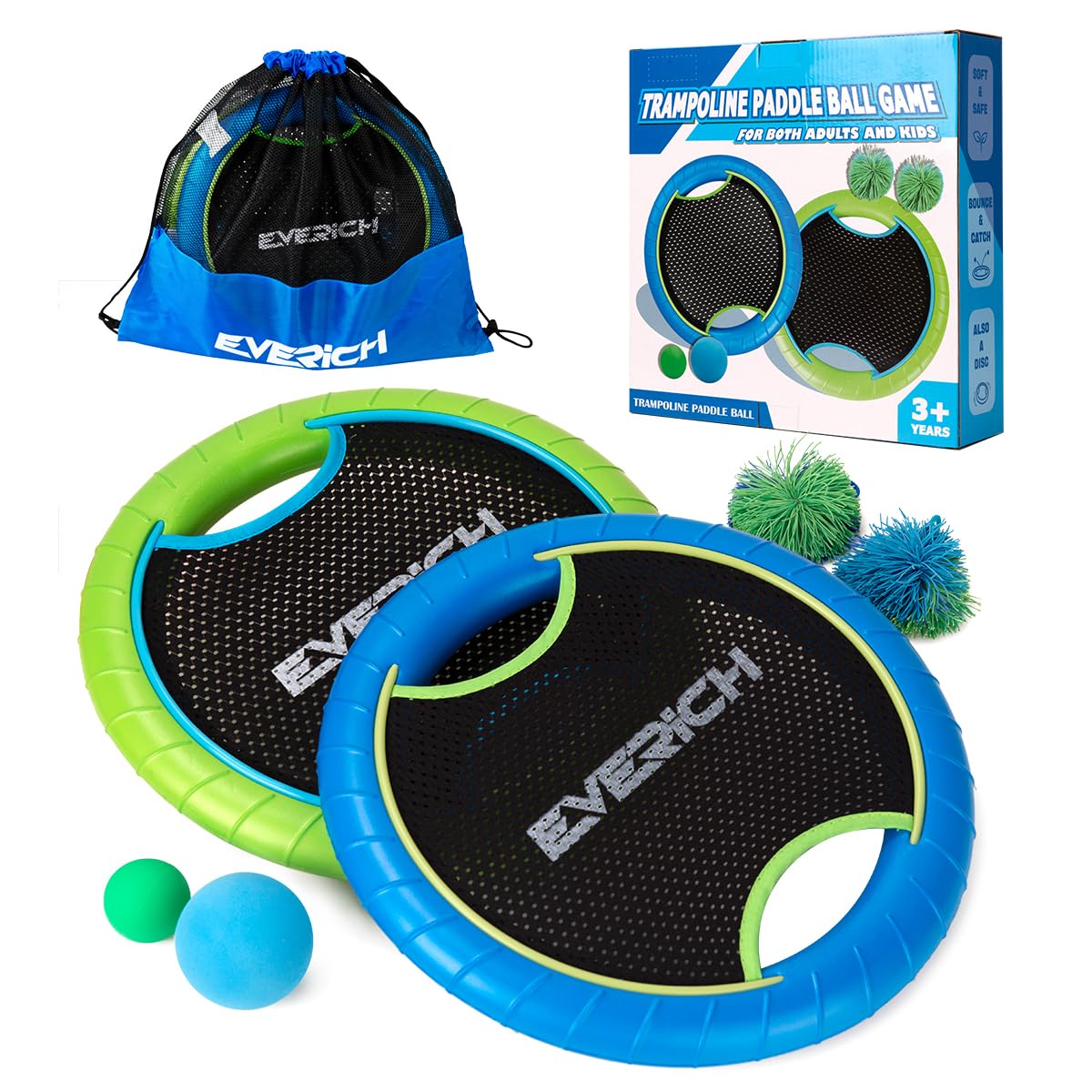 EVERICH TOY Trampoline Paddle Balls Set - Outdoor Games for Kids with 2 Rackets, 2 Rubber String Balls, 1 PVC Ball & 1 Foam Ball - Perfect for Beach, Lawn, Backyard & Park Fun Activities
