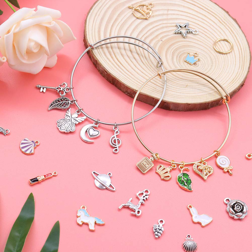 POPMISOLER 340-Piece DIY Charm Bracelet Making Kit - 40 Adjustable Wire Bracelets, 100 Charms, 200 Jump Rings - Jewelry Craft Supplies for Teens & Adults - Perfect for Gifts, Parties, and Creative Projects