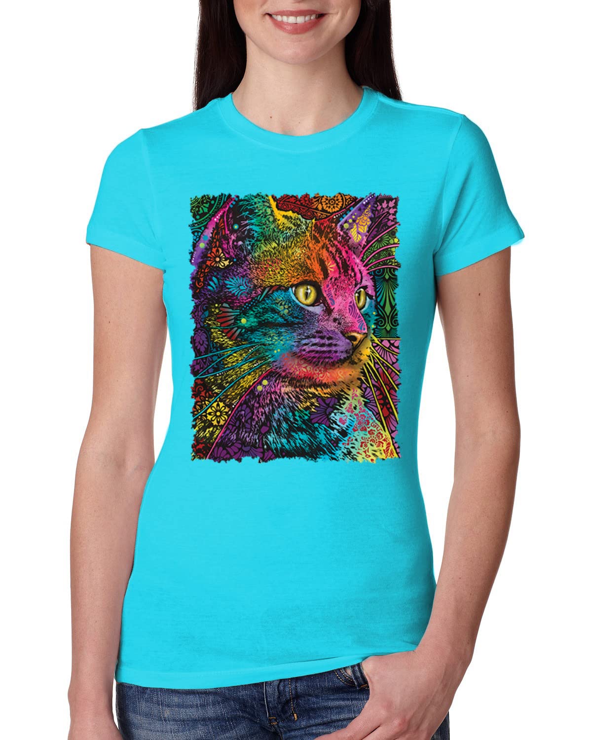 Dean Russo Cat Lover Women's Slim Fit Junior T-Shirt - Colorful Cat Portrait for Cat Owners | Perfect Gift for Pet Lovers, Casual Wear & Cat-Themed Events