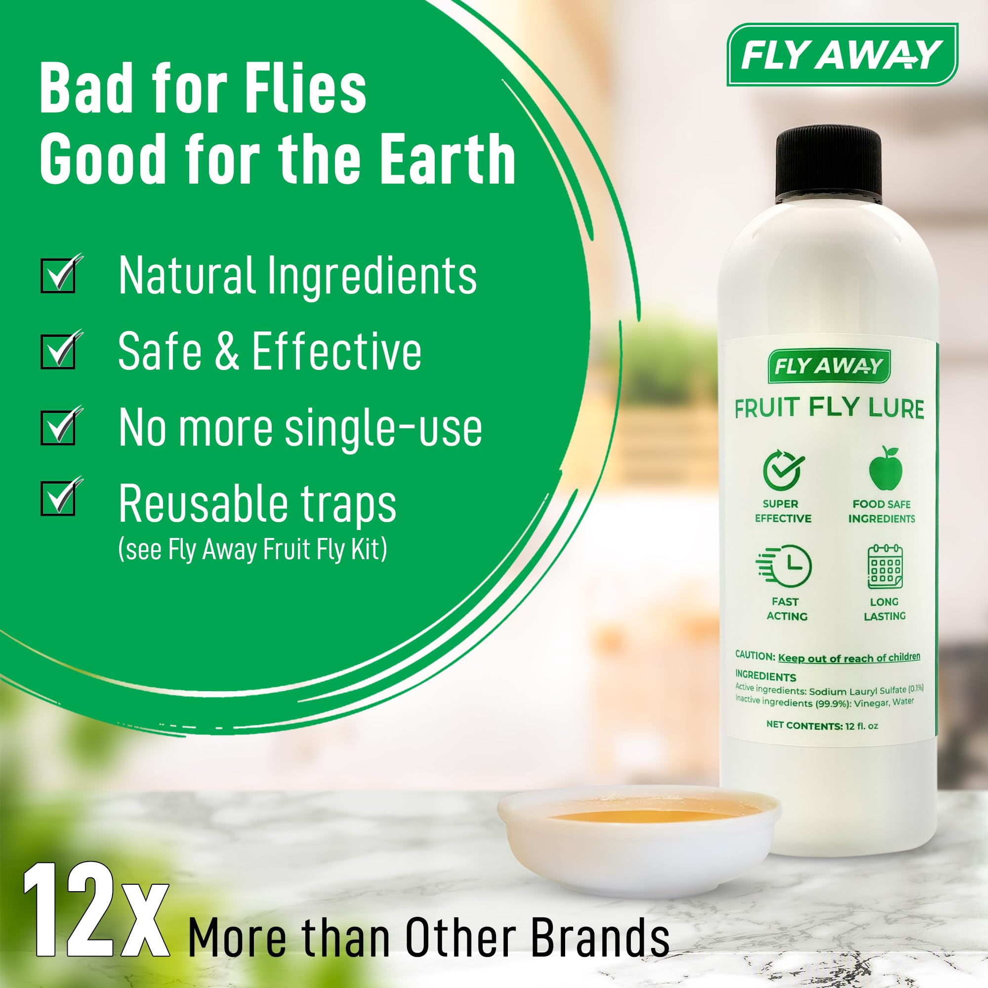 Fly Away Fruit Fly Liquid Lure - Fast-Acting Fruit Fly Trap | Safe & Non-Toxic for Kitchens, Restaurants, Bars | Indoor Pest Control Solution | Works as Standalone Bait or Refill for Fly Away Trap Kit (12 oz) | Perfect for Home, Commercial & Outdoor Use