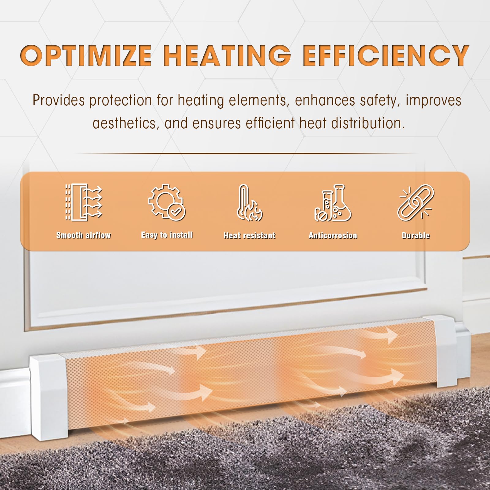 6ft Steel Easy Slip-On Baseboard Heater Cover with End Caps - White Replacement Cover for Bathroom & Hydronic Heating Systems | Durable & Stylish Home Upgrade for Modern Interiors