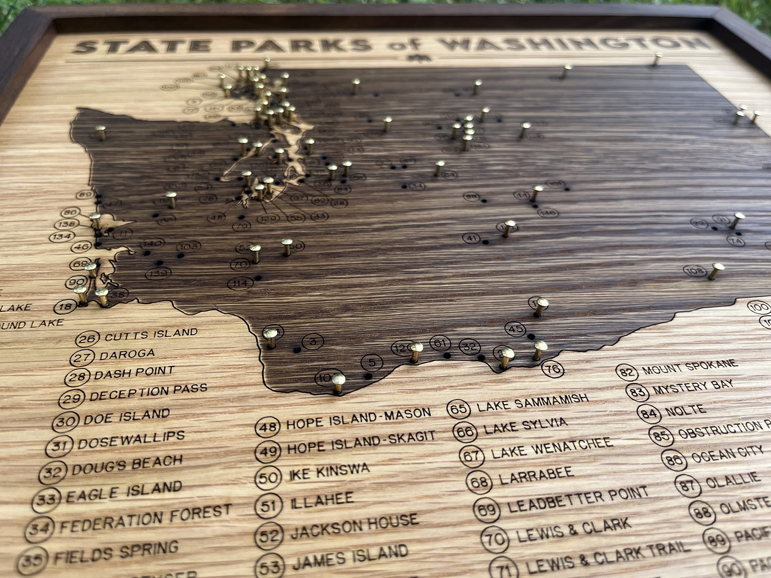 Washington State Parks Push Pin Map - Wooden Travel Tracker with Brass Pins for Adventure Planning