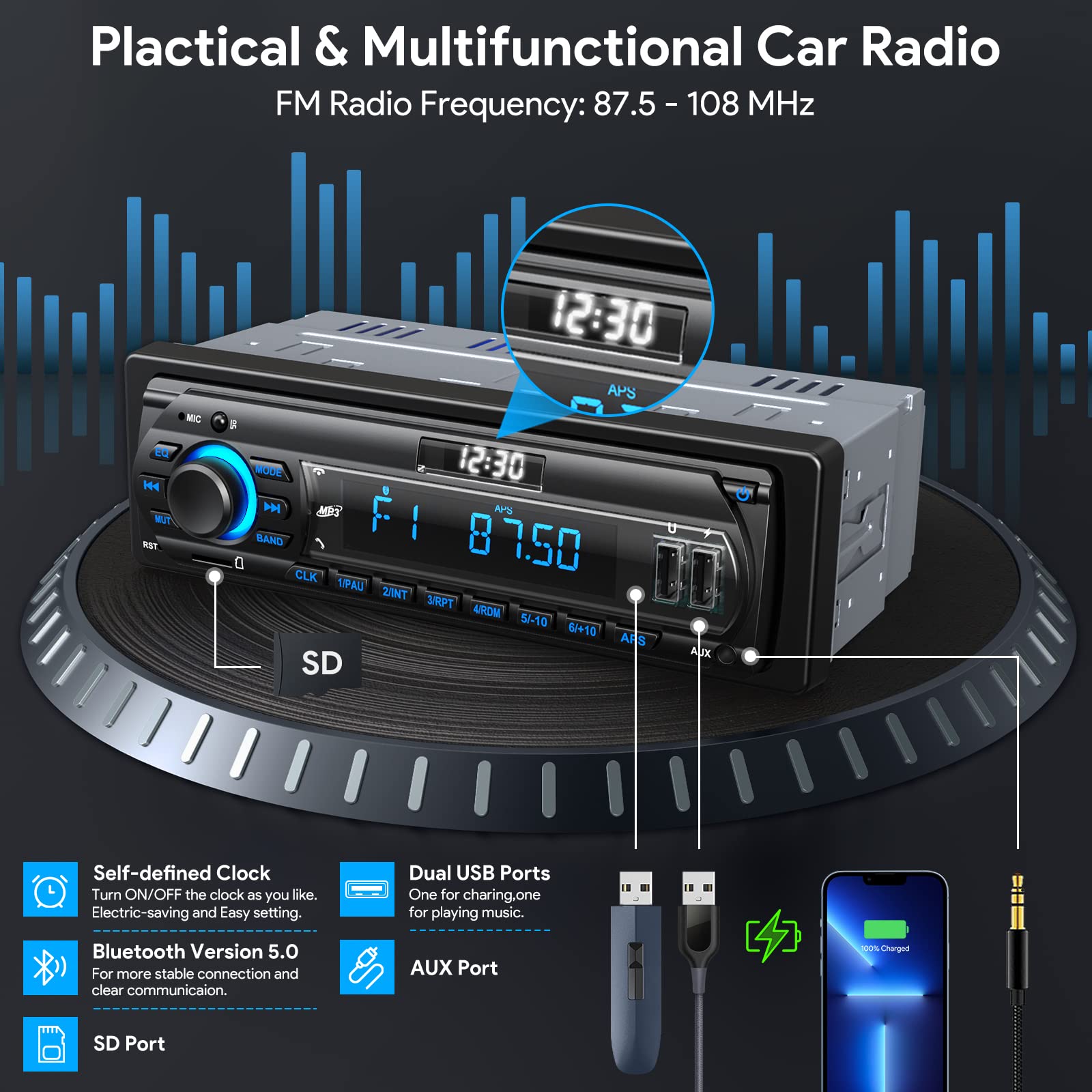 RDS Car Stereo Bluetooth 5.0 Receiver - 9-24V Universal Car Radio with Hands-Free Calling, FM/AM Radio, 4x65W Output, LCD Display & 7-Color LED Lighting - MP3 Player Supports USB/AUX/SD - Perfect for Road Trips & Daily Commuting