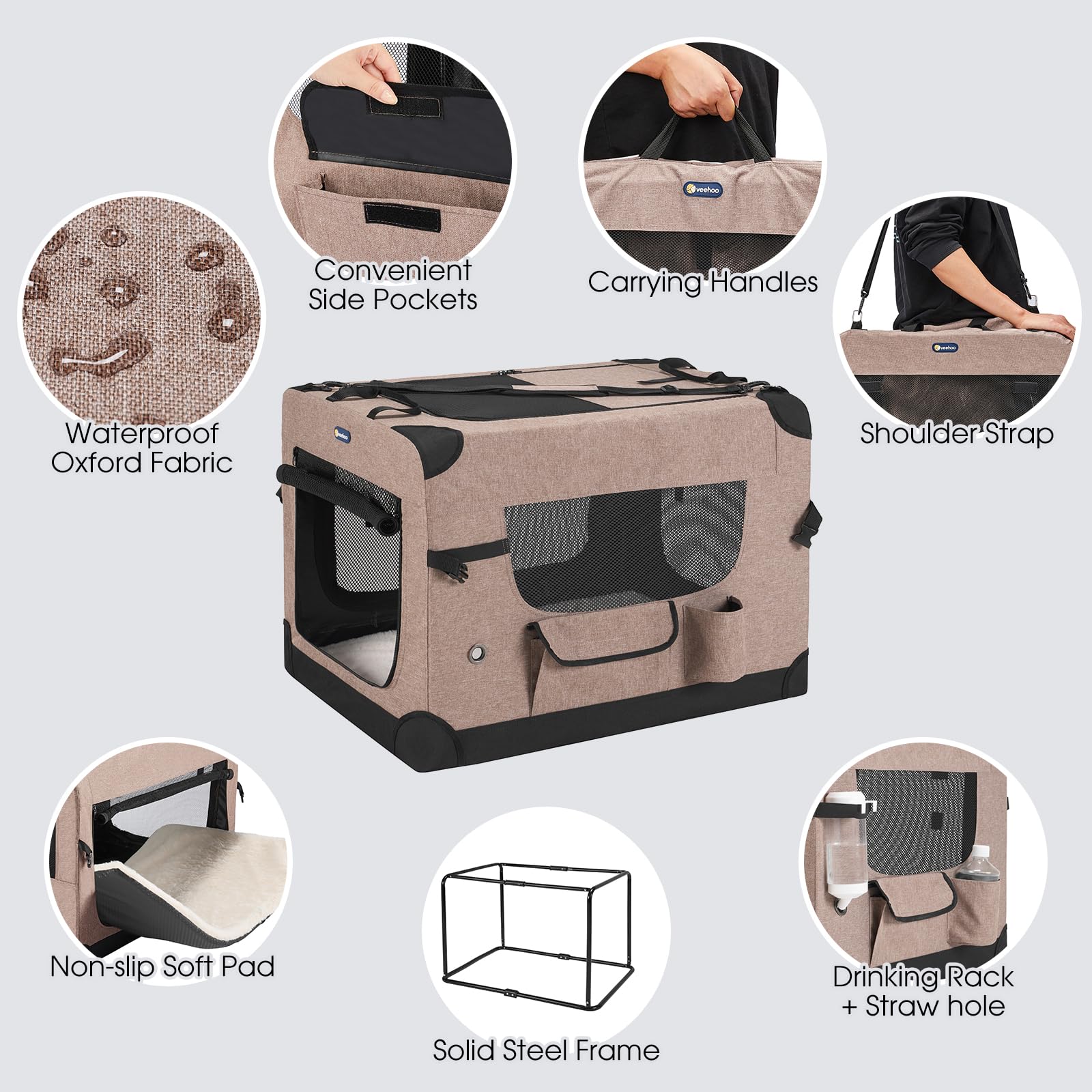 Veehoo 30 Inch Folding Soft Dog Crate - 4-Door Portable Collapsible Pet Kennel for Medium Dogs | 600D Oxford Fabric with 5 Durable Mesh Screens | Indoor & Outdoor Use for Travel, Camping, Home, and Car | Brown (CWB2428CP)