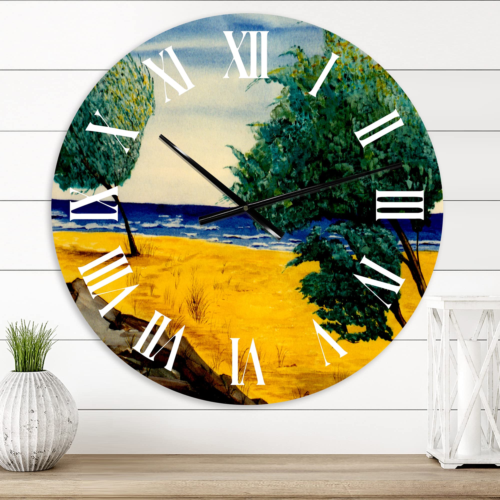 DesignQ Nautical Coastal Wall Clock - Orange Beach Landscape Large Wall Decor for Living Room, Bedroom & Office | Silent Non-Ticking Rustic Home Decor