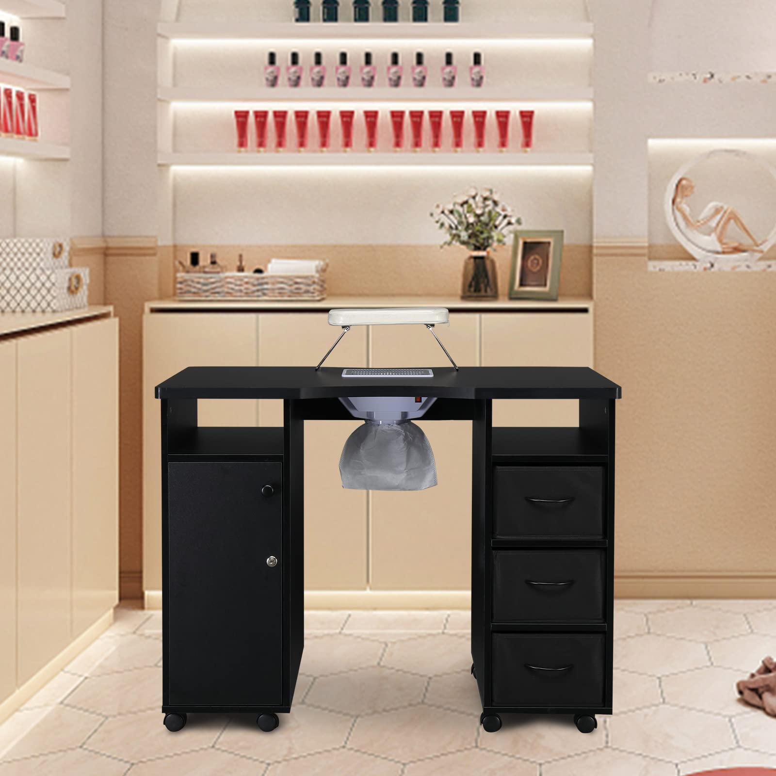 Professional Manicure Table with 4 Drawers & 2 Cabinets - Lockable Wheels Nail Tech Desk for Beauty Salon & Home Use - Perfect for Nail Artists, Spa Professionals & DIY Enthusiasts (Black)