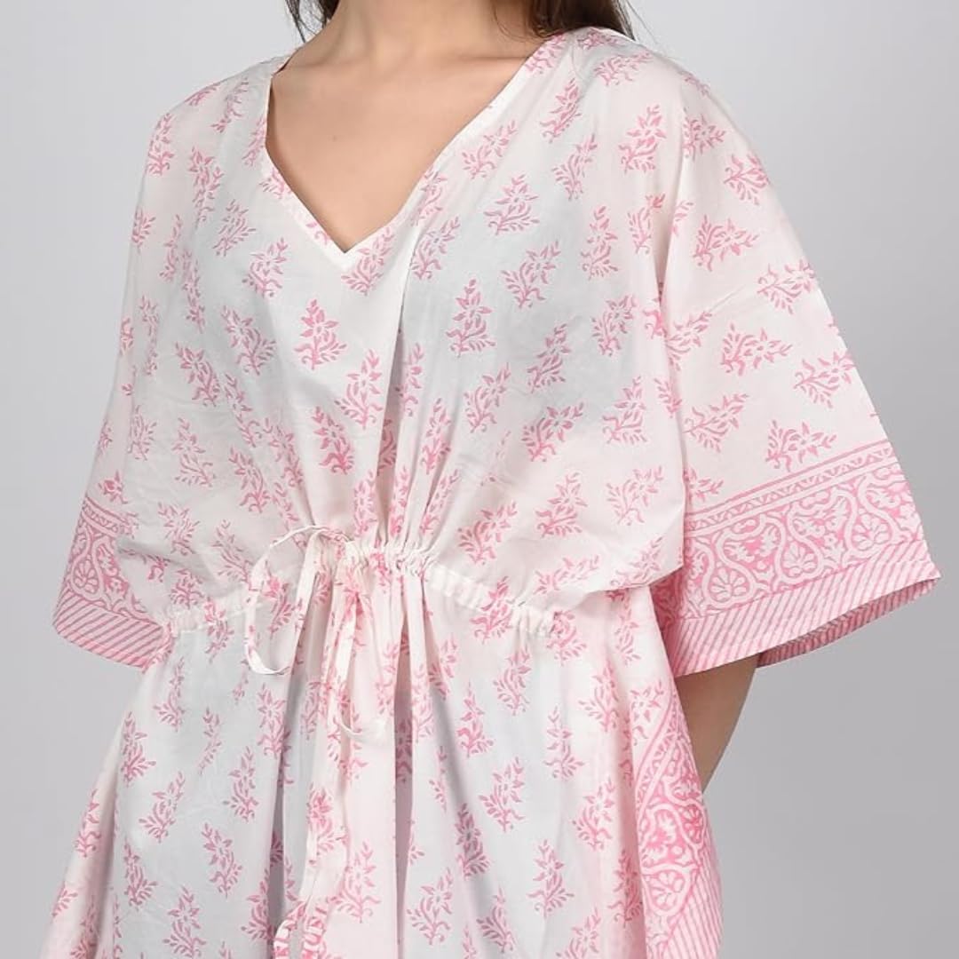 Handmade Cotton Block Print Caftan Dress - Boho Maxi Beach Cover Up, Women's Flowy Kaftan for Summer Vacation, Poolside Lounging & Evening Outfits