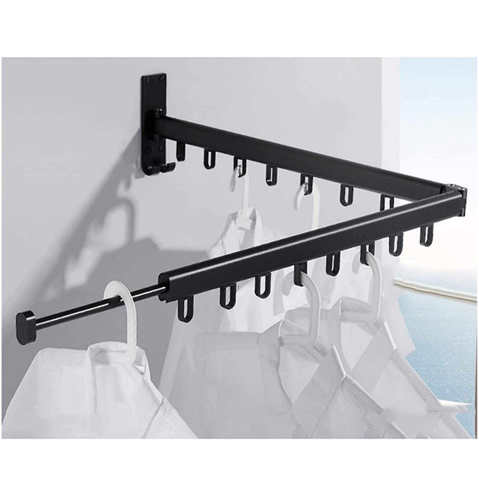 Wall Mounted Retractable Clothes Drying Rack with Towel Bar - Space Saving Laundry Organizer for Bedroom, Balcony, RV & Small Apartments (Black) | Foldable Indoor/Outdoor Garment Hanger for Efficient Drying