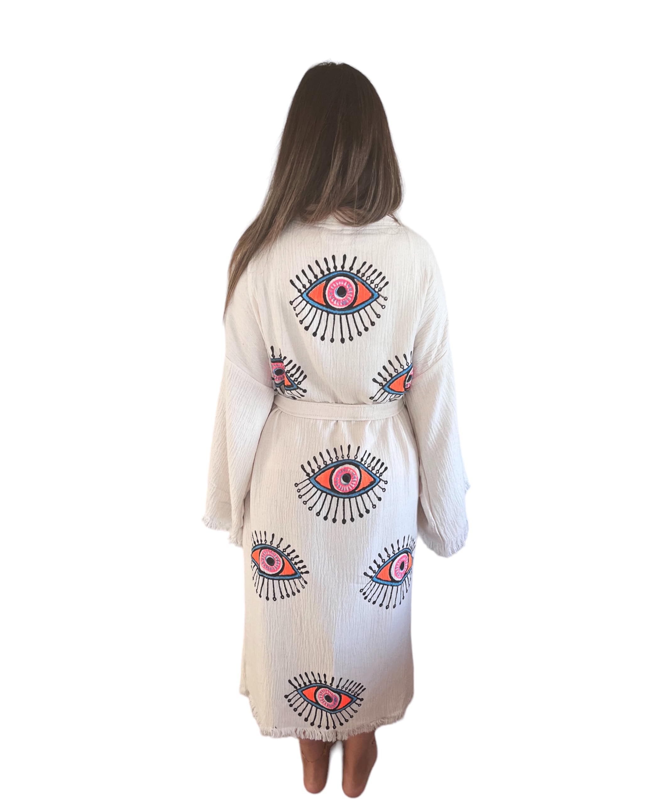 Handmade Evil Eye Kimono - Women's Beach Cover Up, Festival Bohemian Robe, Boho Cotton Cardigan & Dressing Gown for Summer, Poolside, Music Festivals & Relaxation at Home