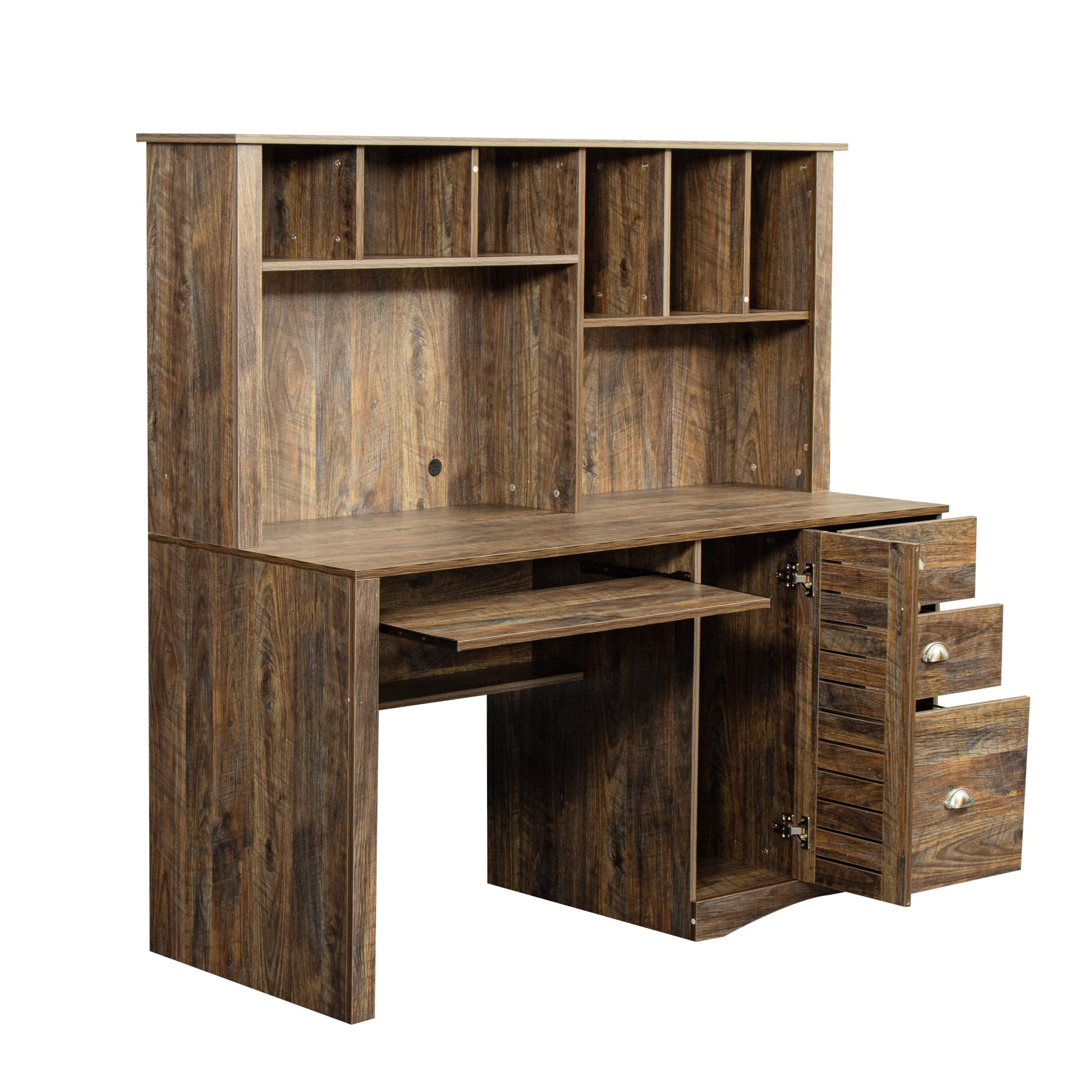 Compact Wooden Computer Desk with Hutch, Drawers & Bookshelf - Space-Saving Study Desk for Teens & Students, Home Office Writing Laptop Desk in Dark Brown - Perfect for Small Rooms, Dormitories & Workspaces