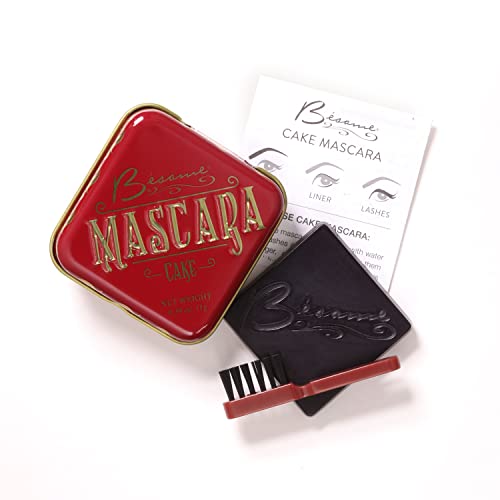 Besame Cosmetics 3-in-1 Cake Mascara in Black - Volumizing & Lengthening Mascara, Eyeliner & Eyebrow Pencil - Vegan & Hypoallergenic for Sensitive Eyes - Complete Makeup Set with Tin Case & Applicator Brush - Perfect for Vintage Looks, Everyday Wear & Special Occasions