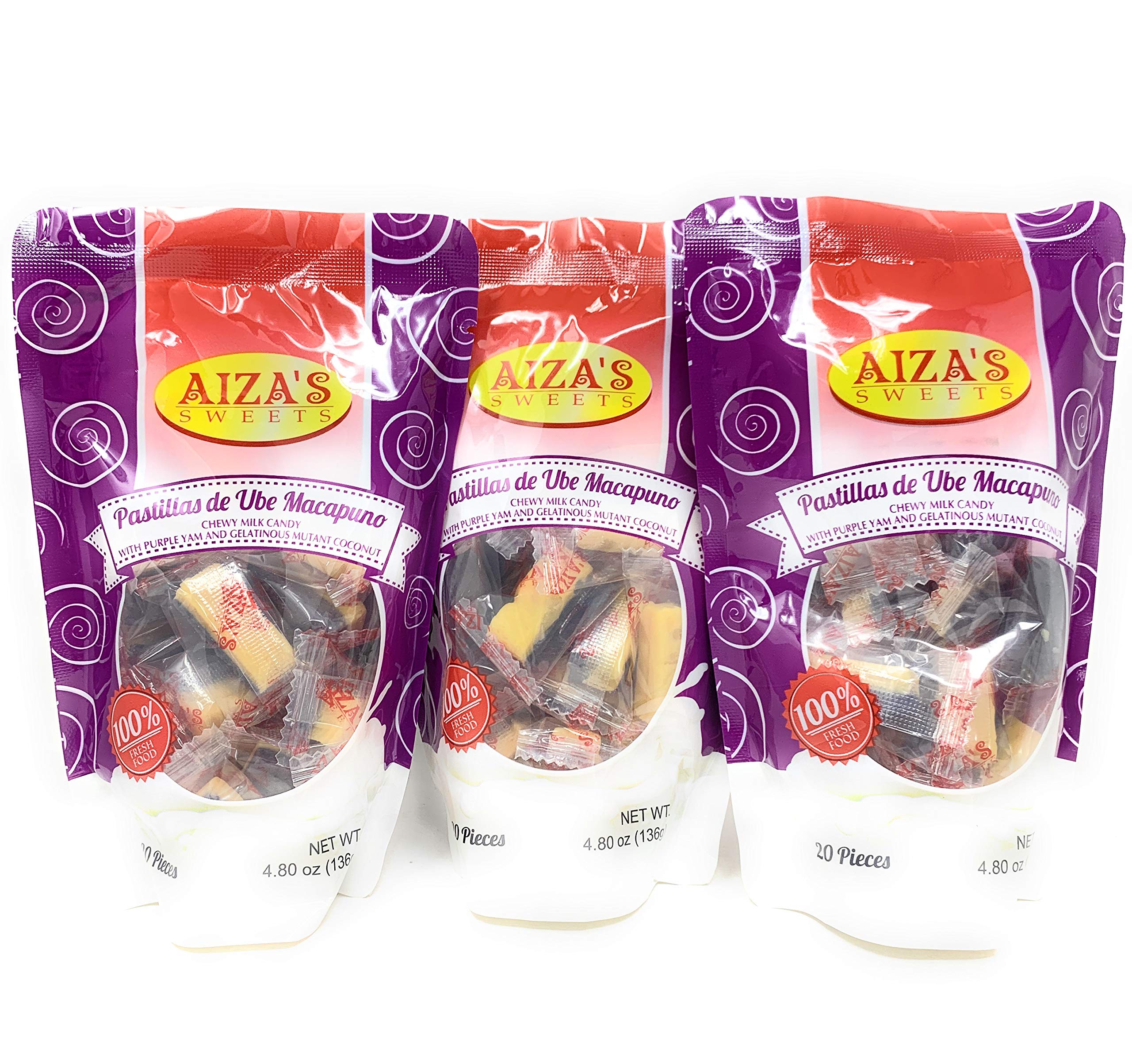 Aiza's Sweets - Chewy Milk Candy from Philippines, Ube Macapuno Flavor, 3-Pack - Perfect for Snacking, Gift Giving & Filipino Dessert Lovers