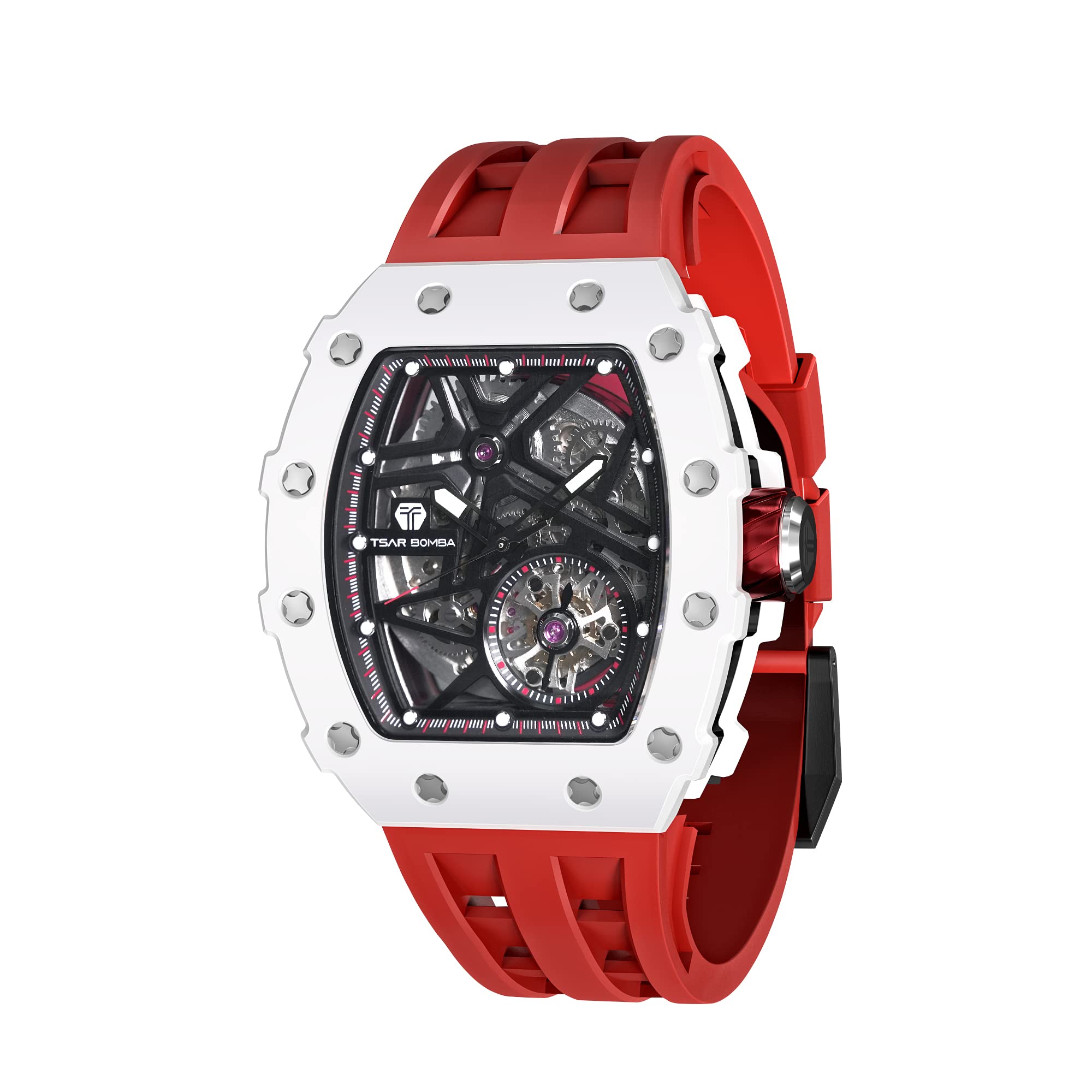 TSAR BOMBA Men's Automatic Watch - Luxury Skeleton Tonneau Design, 50M Waterproof, Silver Square Big Face with Silicone Strap - Perfect for Business, Formal Events & Everyday Wear