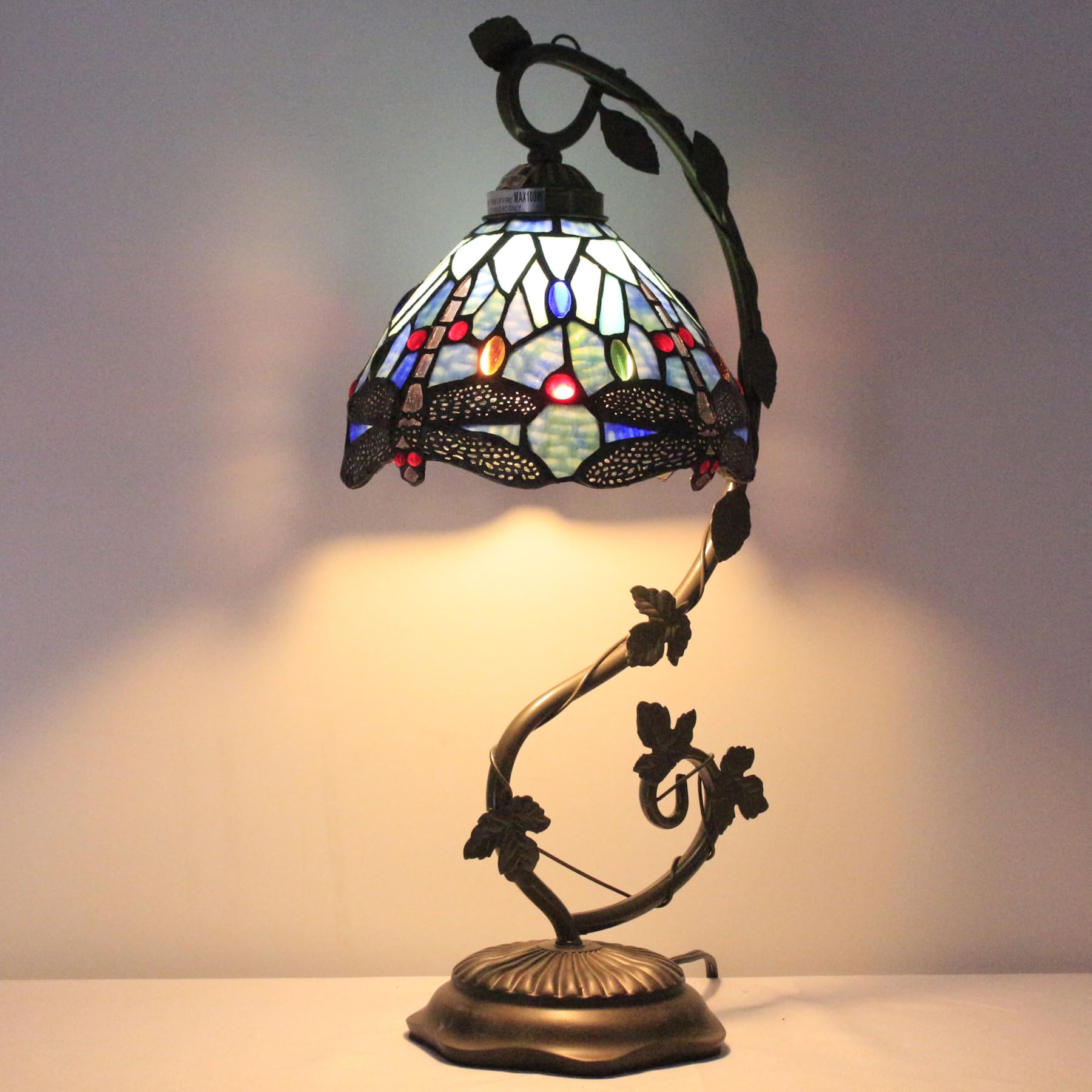 WERFACTORY Tiffany Style Dragonfly Table Lamp - Blue Stained Glass Shade with Metal Leaf Base, 8x10x21 Inch Desk Lamp for Bedroom, Home Office & Small Spaces (S004 Series) | Perfect Reading Light & Decorative Accent