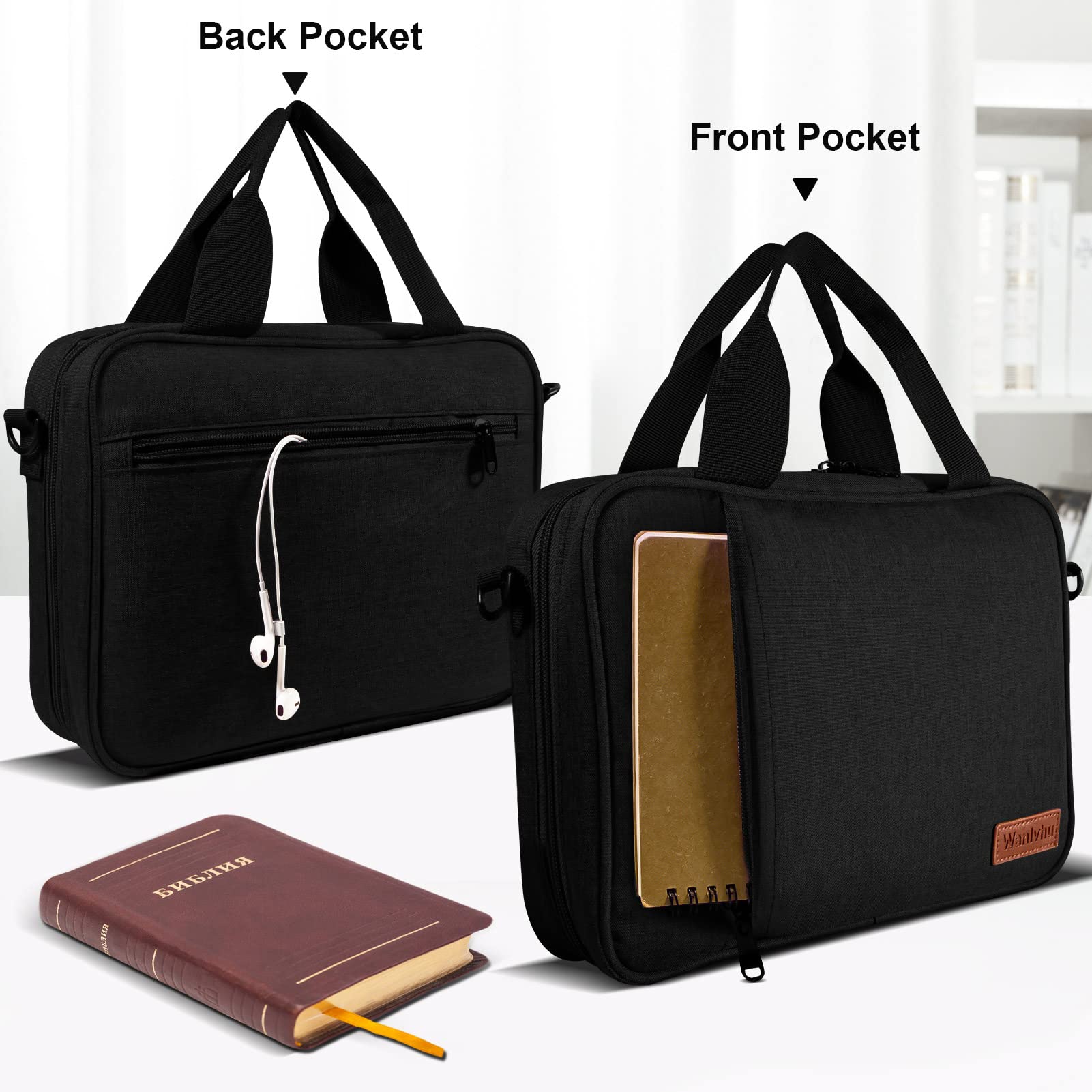 Premium Zippered Bible Cover for Men, Women & Kids - Durable Protective Bible Carrying Case with Handle & Adjustable Shoulder Strap - Perfect for Church, Travel & Daily Bible Study (Black)