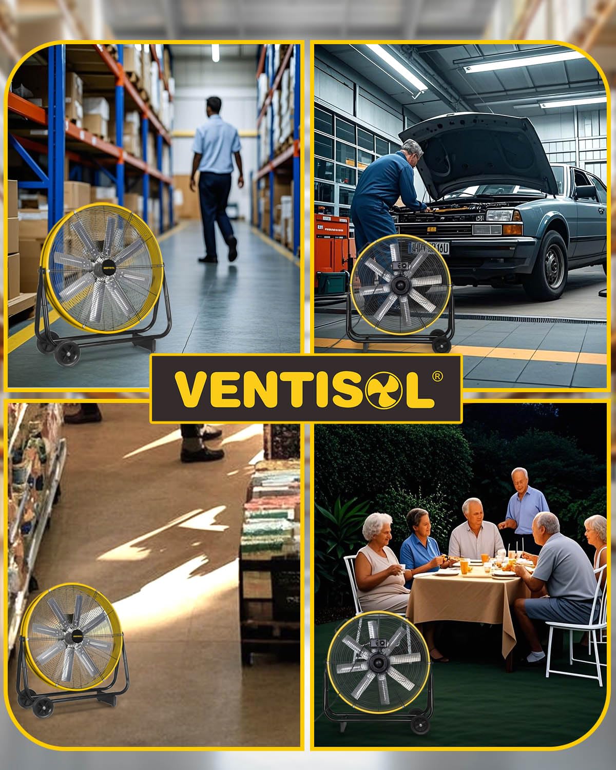 VENTISOL 24 Inch Industrial Floor Drum Fan - 9500 CFM Heavy Duty 3-Speed Air Circulator with Castors | High Velocity Shop Fan for Warehouse, Basement, Factory, Barn, Garage | Perfect for Cooling, Ventilation & Air Circulation in Large Spaces