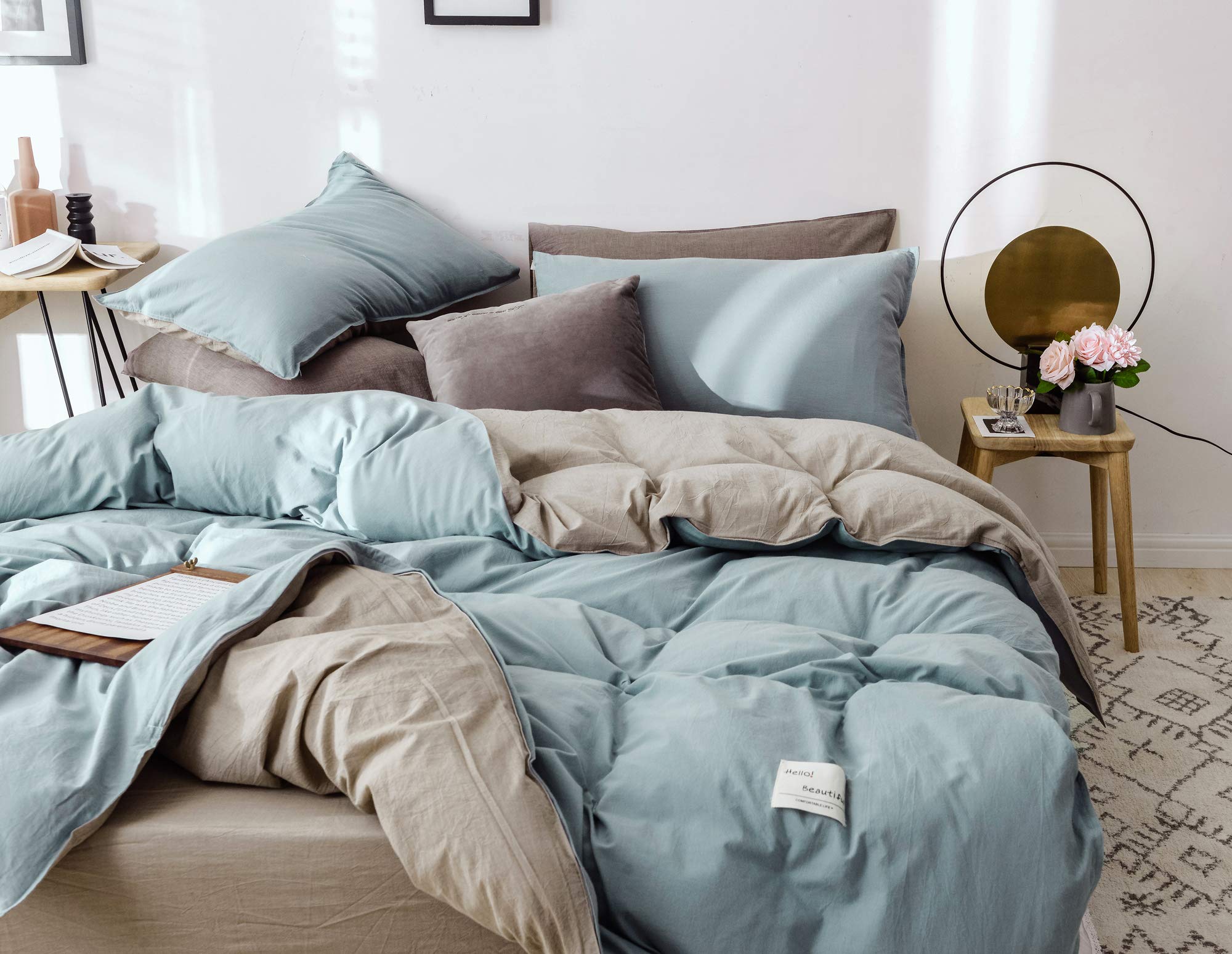 MOON'S SLEEPWARES Herse Series 100% Cotton 200 Thread Count Queen Size Duvet Cover Set - Blue Grey & Brown (Includes Duvet Cover + 2 Pillowcases) | Soft & Breathable Bedding for Cozy Nights & Luxury Hotel-Style Comfort