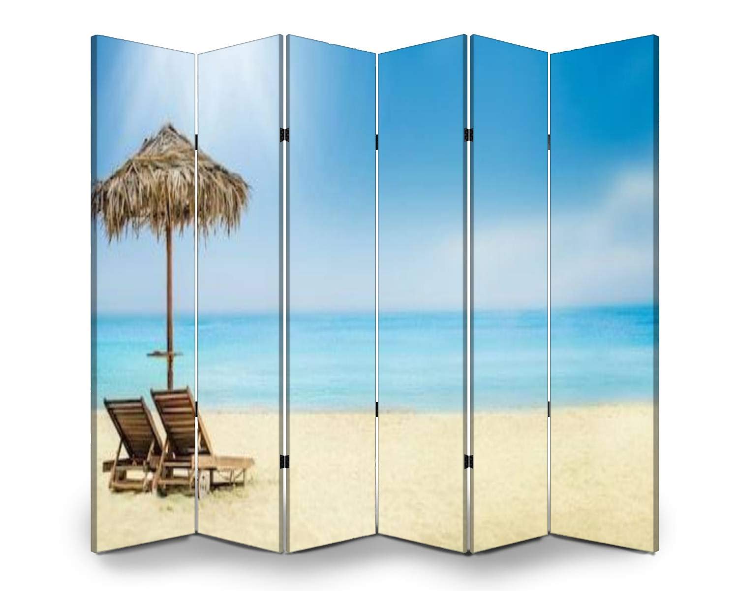 6-Panel Wooden Room Divider - Tropical Island Luxury Resort Style Folding Privacy Screen with Canvas Panels for Indoor/Outdoor Use | Perfect for Home Decor, Hotel Partitions & Summer Vacation Background Displays
