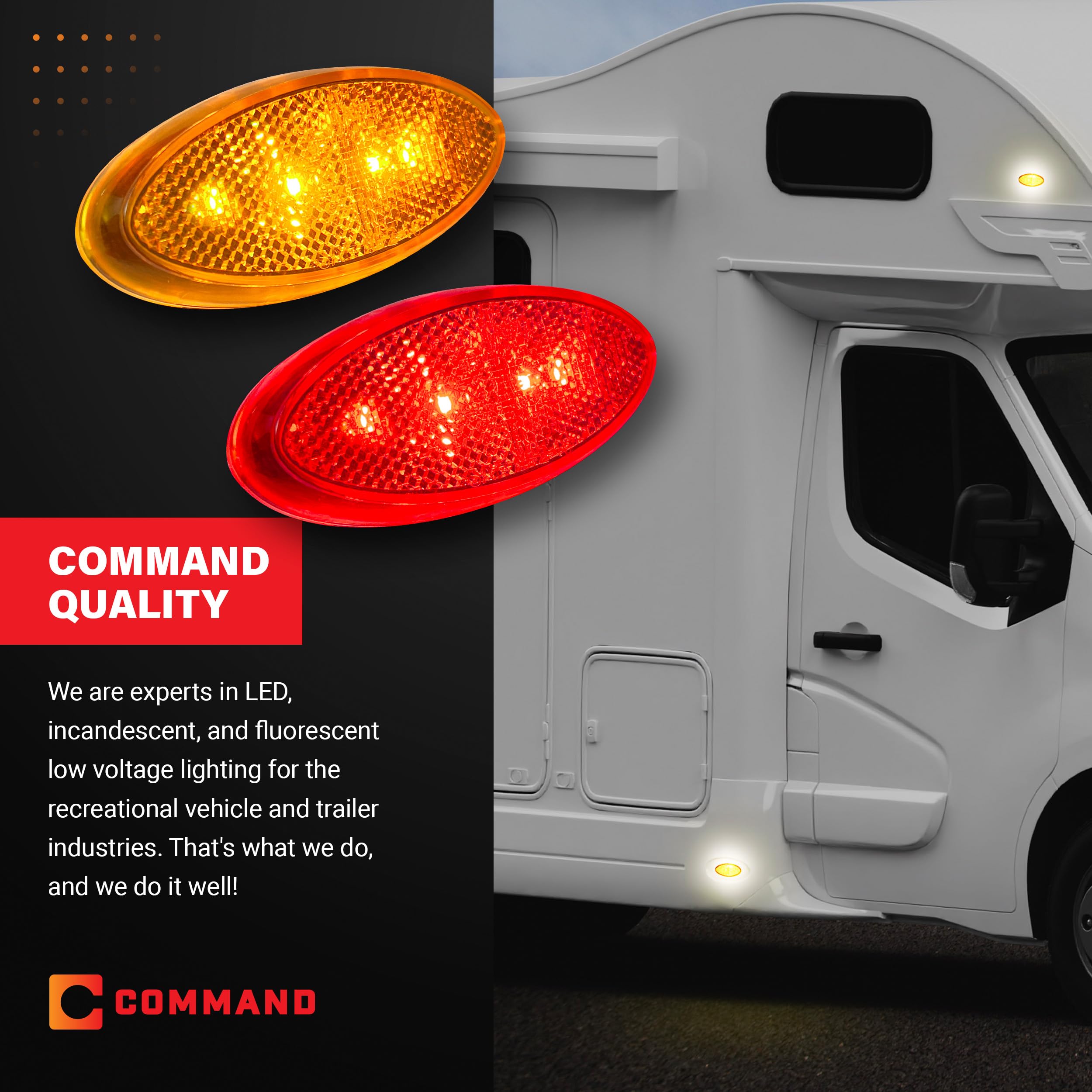 Command Electronics OEM 12V LED RV & Trailer Oval Clearance Light with Built-in Reflex – Surface Mount Amber & Red – 4 Pack – Made in USA – Perfect for RV Trailers, Boats & Truck Safety Lighting