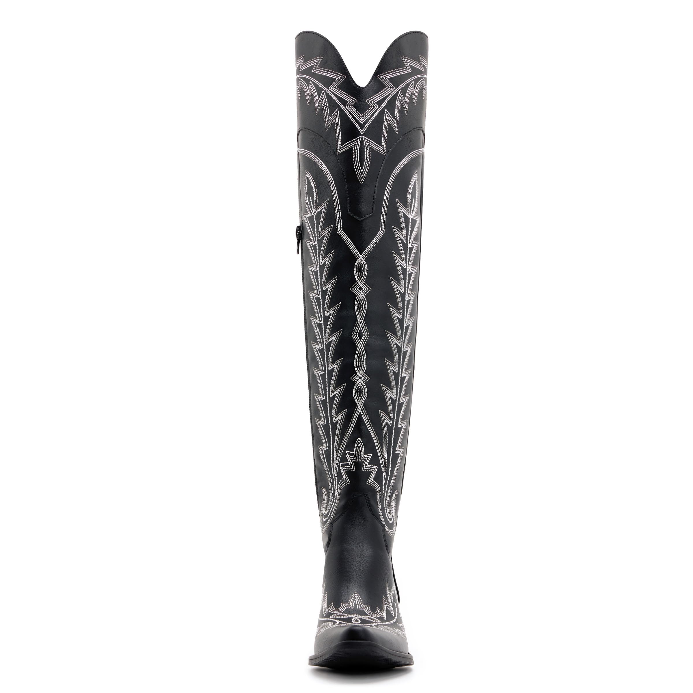 Vodvob Women's Black Embroidered Western Cowboy Boots - Lace-Up Over-The-Knee Boots with Chunky Heel for Country Music Festivals, Rodeo Events & Casual Outfits
